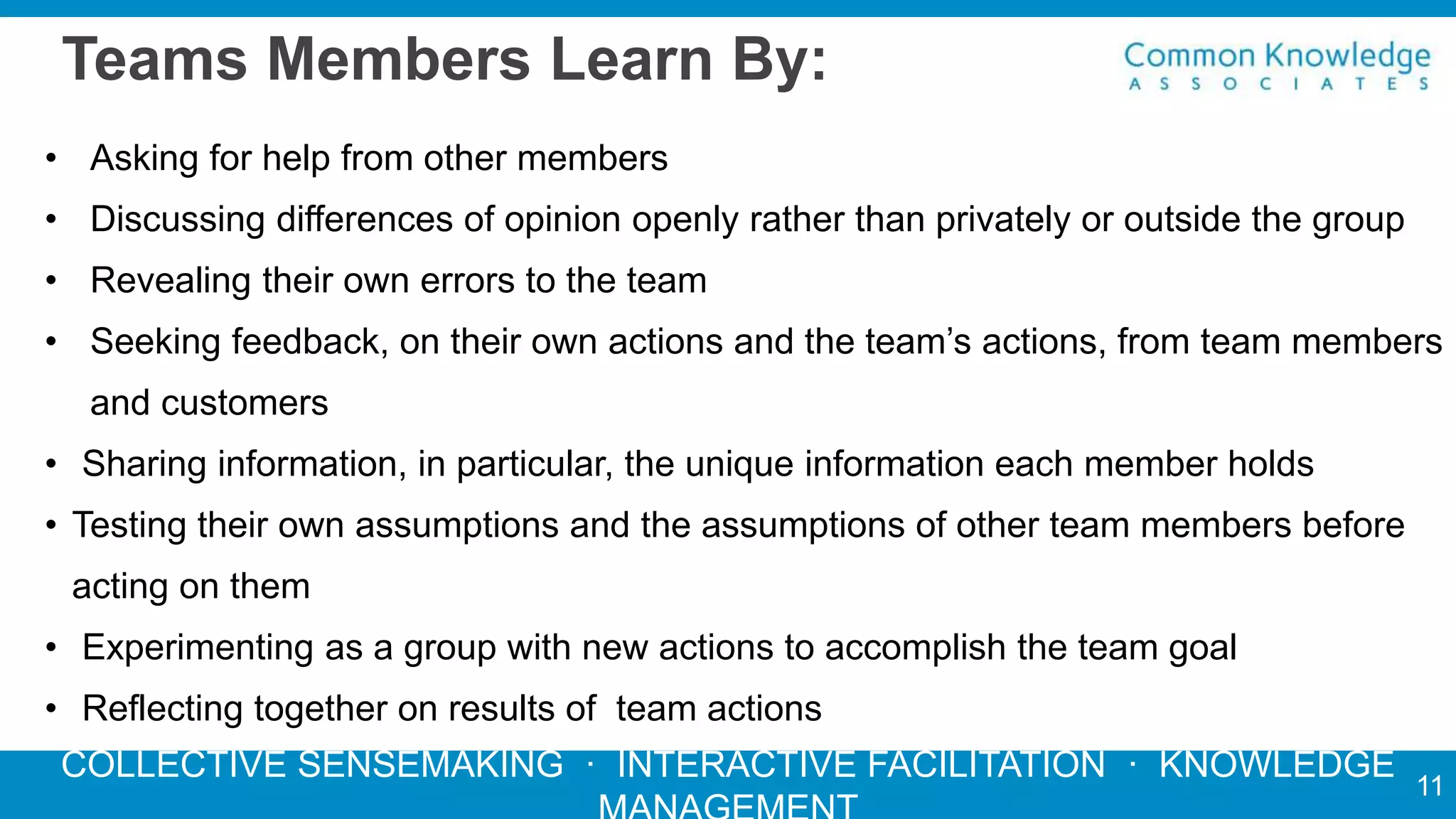 COLLECTIVE SENSEMAKING · INTERACTIVE FACILITATION · KNOWLEDGE
Teams Members Learn By:
• Asking for help from other members
• Discussing differences of opinion openly rather than privately or outside the group
• Revealing their own errors to the team
• Seeking feedback, on their own actions and the team’s actions, from team members
and customers
• Sharing information, in particular, the unique information each member holds
• Testing their own assumptions and the assumptions of other team members before
acting on them
• Experimenting as a group with new actions to accomplish the team goal
• Reflecting together on results of team actions
11
 