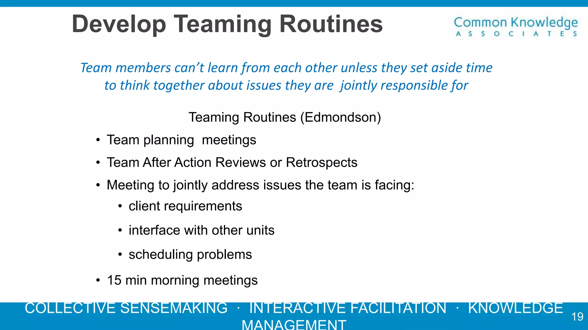 COLLECTIVE SENSEMAKING · INTERACTIVE FACILITATION · KNOWLEDGE
Develop Teaming Routines
Teaming Routines (Edmondson)
• Team planning meetings
• Team After Action Reviews or Retrospects
• Meeting to jointly address issues the team is facing:
• client requirements
• interface with other units
• scheduling problems
• 15 min morning meetings
Team members can’t learn from each other unless they set aside time
to think together about issues they are jointly responsible for
19
 