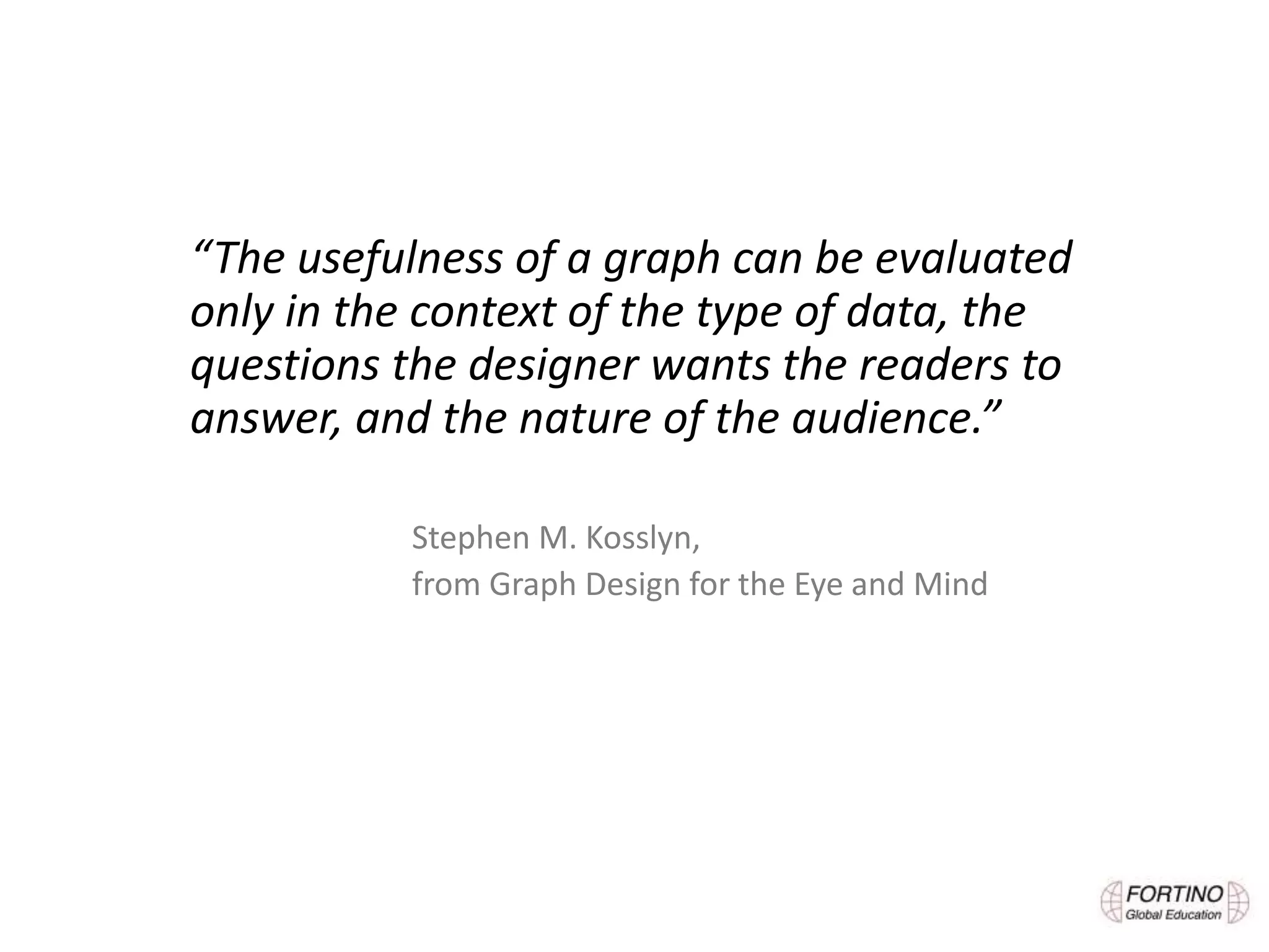 “The usefulness of a graph can be evaluated
only in the context of the type of data, the
questions the designer wants the readers to
answer, and the nature of the audience.”
Stephen M. Kosslyn,
from Graph Design for the Eye and Mind
 