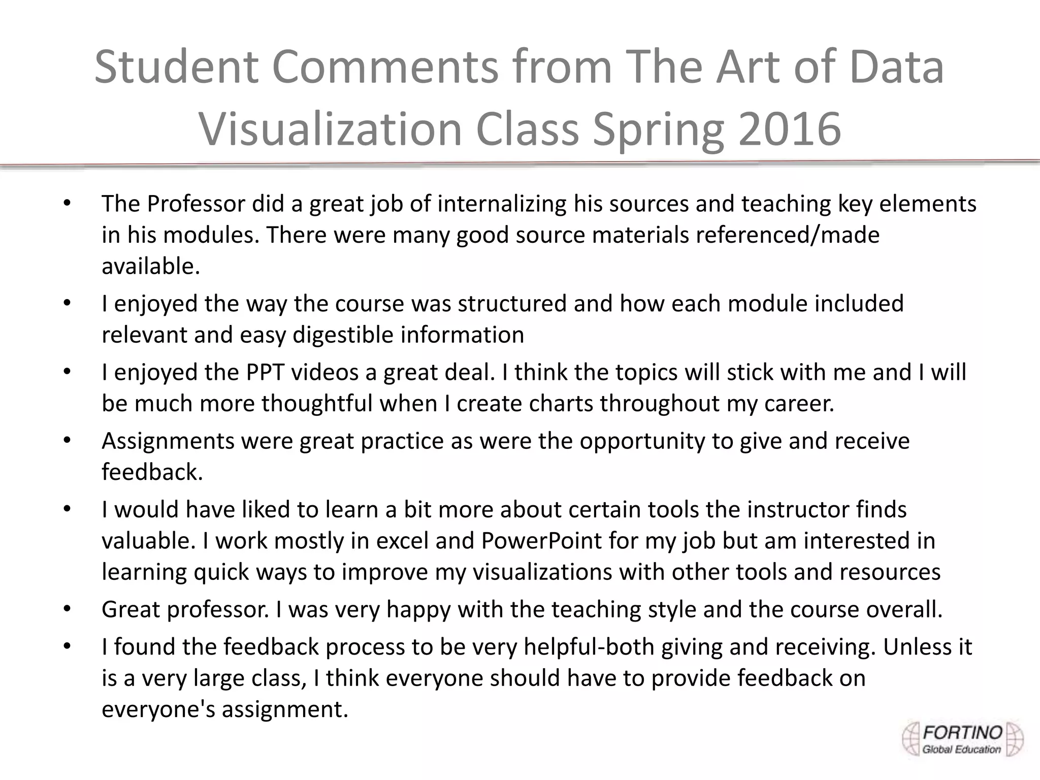 Student Comments from The Art of Data
Visualization Class Spring 2016
• The Professor did a great job of internalizing his sources and teaching key elements
in his modules. There were many good source materials referenced/made
available.
• I enjoyed the way the course was structured and how each module included
relevant and easy digestible information
• I enjoyed the PPT videos a great deal. I think the topics will stick with me and I will
be much more thoughtful when I create charts throughout my career.
• Assignments were great practice as were the opportunity to give and receive
feedback.
• I would have liked to learn a bit more about certain tools the instructor finds
valuable. I work mostly in excel and PowerPoint for my job but am interested in
learning quick ways to improve my visualizations with other tools and resources
• Great professor. I was very happy with the teaching style and the course overall.
• I found the feedback process to be very helpful-both giving and receiving. Unless it
is a very large class, I think everyone should have to provide feedback on
everyone's assignment.
 