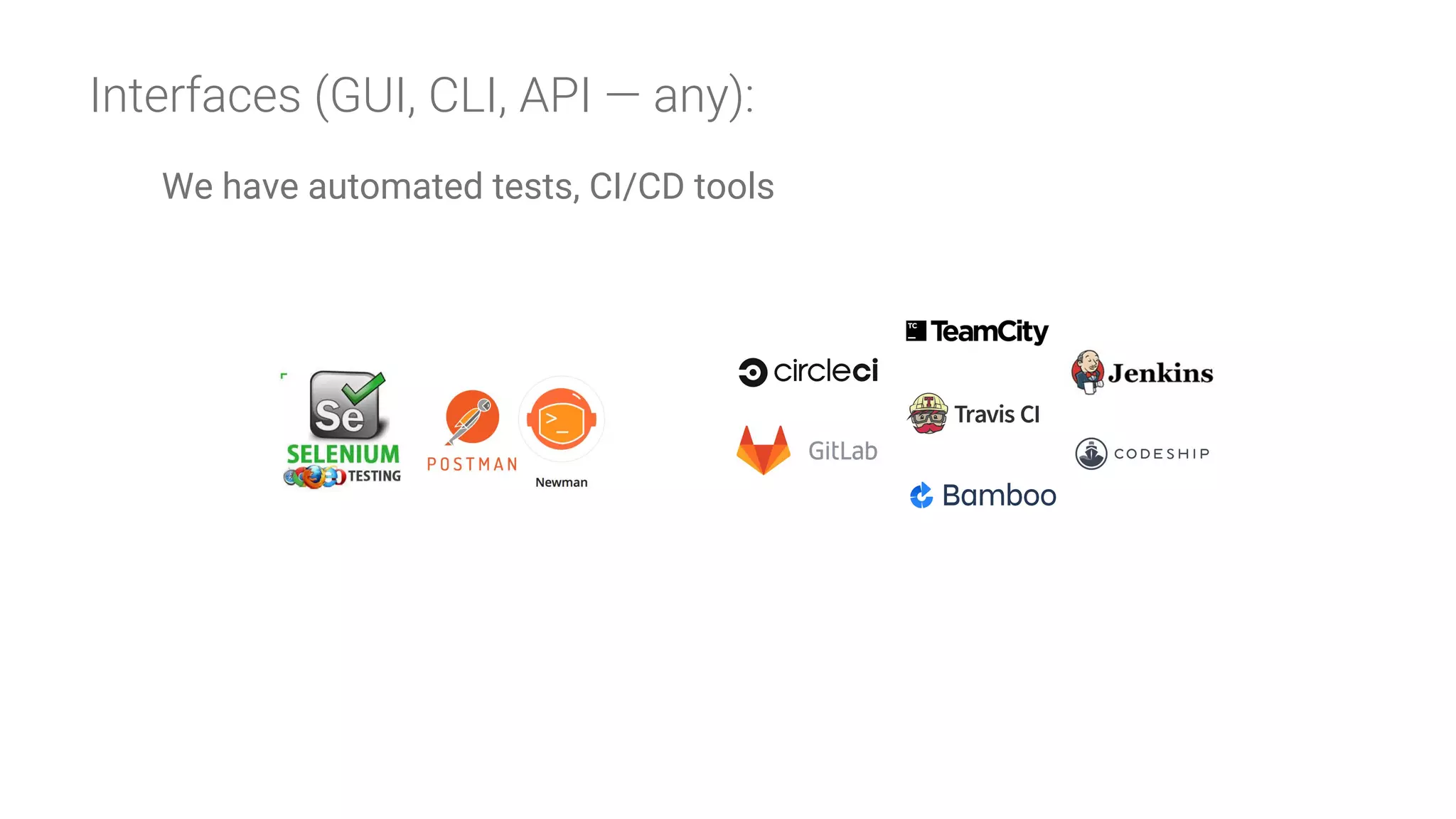 Interfaces (GUI, CLI, API — any):
We have automated tests, CI/CD tools
 