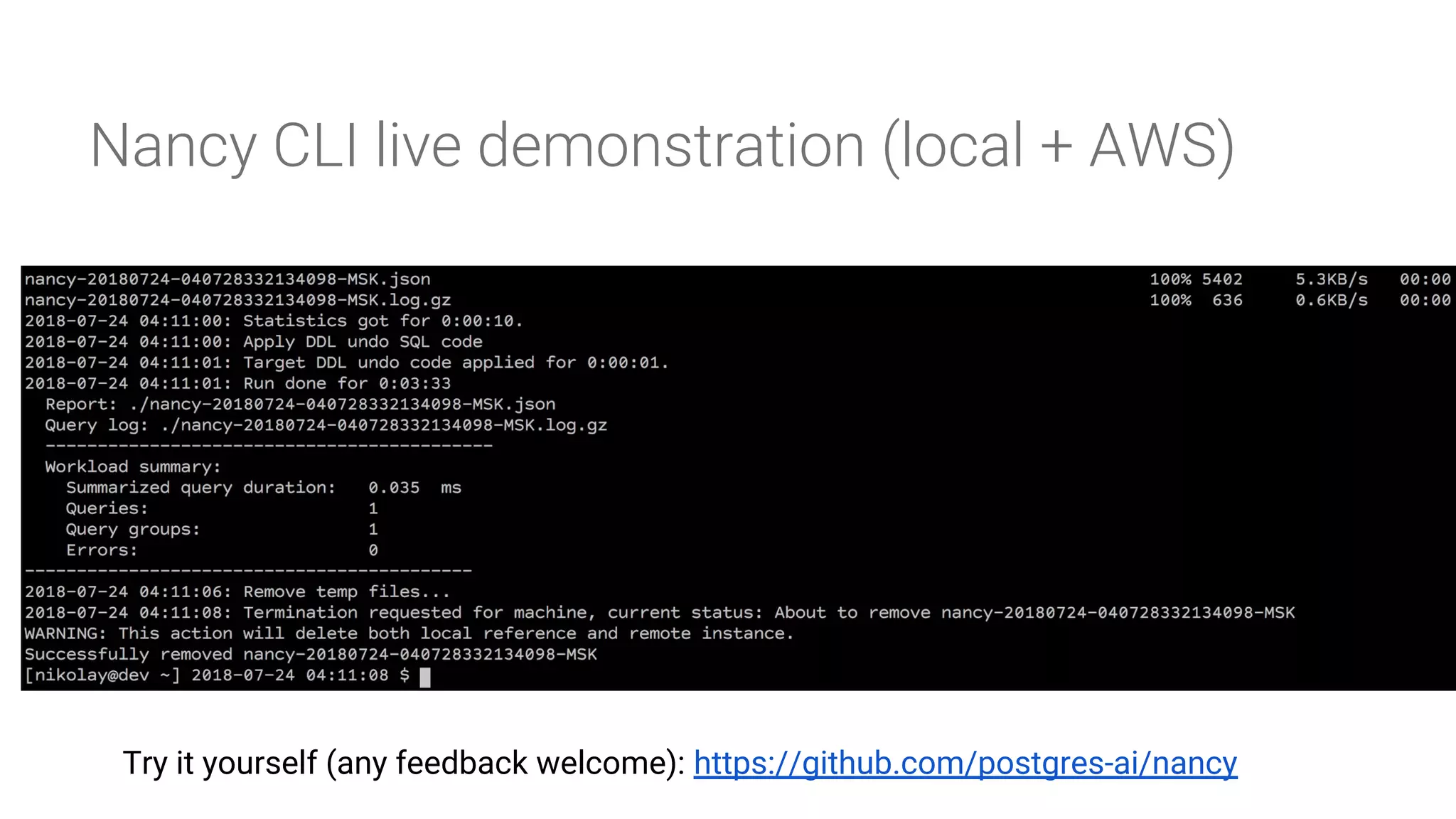 Demo
Nancy CLI live demonstration (local + AWS)
Try it yourself (any feedback welcome): https://github.com/postgres-ai/nancy
 