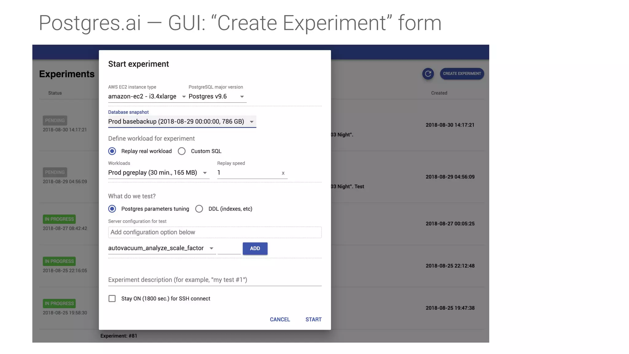 Postgres.ai — GUI: “Create Experiment” form
 