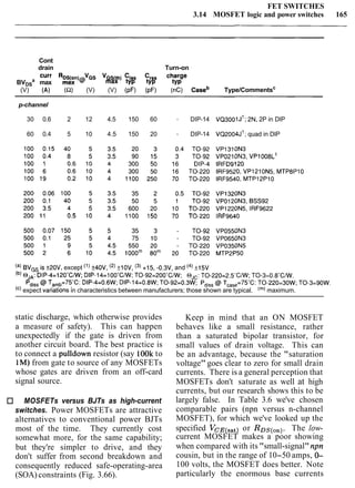 FET SWITCHES
3.14 MOSFET logic and power switches 165
Cont
drain Turn-on
CU" RDS(O~)@~GSVGS(~~)Ciss Crss charge
BVDS
a
max max max tYP tYP tYP
(V) (A) (a) (V) (V) (pF) (pF) (nC) caseb Type/Commentsc
p-channel
30 0.6 2 12 4.5 150 60 - DIP-14 ~ ~ 3 0 0 1J' ; 2N, 2P in DIP
60 0.4 5 10 4.5 150 20 - DIP-14 ~ ~ 2 0 0 4 ~ ' ;quad in DIP
BVGSis +20V, except ('I +40V, (*) k1OV, (3) +15, -0.3V, and (4) k15V
(b) QJA:DIP-4=12O0CMI;DIP-14=10O"C/W;TO-92=200'C/W; OJC:TO-220=2.5'C/W; TO-3=0.8'C/W.
Pdiss@ Tamb=75'C: DIP-4=0.6W; DIP-14=0.8W; TO-92=0.3W; Pdiss@ Tcase=75'C:TO-220=30W; TO-3=90W.
(') expect var~at~onsin characteristics between manufacturers; those shown are typical. (m) maximum.
static discharge, which otherwise provides
a measure of safety). This can happen
unexpectedly if the gate is driven from
another circuit board. The best practice is
to connect a pulldown resistor (say lOOk to
1M)from gate to source of any MOSFETs
whose gates are driven from an off-card
signal source.
MOSFETs versus BJTs as high-current
switches. Power MOSFETs are attractive
alternatives to conventional power BJTs
most of the time. They currently cost
somewhat more, for the same capability;
but they're simpler to drive, and they
don't suffer from second breakdown and
consequently reduced safe-operating-area
(SOA) constraints (Fig. 3.66).
Keep in mind that an ON MOSFET
behaves like a small resistance, rather
than a saturated bipolar transistor, for
small values of drain voltage. This can
be an advantage, because the "saturation
voltage" goes clear to zero for small drain
currents. There is a general perception that
MOSFETs don't saturate as well at high
currents, but our research shows this to be
largely false. In Table 3.6 we've chosen
comparable pairs (npn versus n-channel
MOSFET), for which we've looked up the
specified VcE(sat) or RDs(,,). The low-
current MOSFET makes a poor showing
when compared with its "small-signal" npn
cousin, but in the range of 10-50 amps, 0-
100 volts, the MOSFET does better. Note
particularly the enormous base currents
 