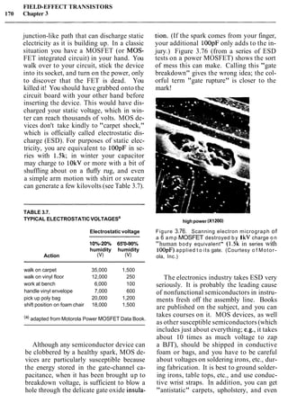 FIELD-EFFECT TRANSISTORS
170 Chapter 3
junction-like path that can discharge static
electricity as it is building up. In a classic
situation you have a MOSFET (or MOS-
FET integrated circuit) in your hand. You
walk over to your circuit, stick the device
into its socket, and turn on the power, only
to discover that the FET is dead. You
killed it! You should have grabbed onto the
circuit board with your other hand before
inserting the device. This would have dis-
charged your static voltage, which in win-
ter can reach thousands of volts. MOS de-
vices don't take kindly to "carpet shock,"
which is officially called electrostatic dis-
charge (ESD). For purposes of static elec-
tricity, you are equivalent to lOOpF in se-
ries with 1.5k; in winter your capacitor
may charge to lOkV or more with a bit of
shuffling about on a fluffy rug, and even
a simple arm motion with shirt or sweater
can generate a few kilovolts (see Table 3.7).
TABLE 3.7.
TYPICAL ELECTROSTATICVOLTAGESa
Electrostatic voltage
10%-20% 65'0-90%
humidity humidity
Action ('J) ('J)
tion. (If the spark comes from your finger,
your additional lOOpF only adds to the in-
jury.) Figure 3.76 (from a series of ESD
tests on a power MOSFET) shows the sort
of mess this can make. Calling this "gate
breakdown" gives the wrong idea; the col-
orful term "gate rupture" is closer to the
mark!
highpower (X1200)
Figure 3.76. Scanning electron micrograph of
a 6 amp MOSFET destroyed b y IkV charge o n
"human body equivalent" (1.5k in series with
100pF) applied t o its gate. (Courtesy o f Motor-
ola, Inc.)
walk on carpet 35,000 1,500
walk on vinyl floor 12,000 250
work at bench 6,000 100
handle vinyl envelope 7,000 600
pick up poly bag 20,000 1,200
shift position on foam chair 18,000 1,500
(a) adapted from Motorola Power MOSFET Data Book.
Although any semiconductor device can
be clobbered by a healthy spark, MOS de-
vices are particularly susceptible because
the energy stored in the gate-channel ca-
pacitance, when it has been brought up to
breakdown voltage, is sufficient to blow a
hole through the delicate gate oxide insula-
The electronics industry takes ESD very
seriously. It is probably the leading cause
of nonfunctional semiconductors in instru-
ments fresh off the assembly line. Books
are published on the subject, and you can
takes courses on it. MOS devices, as well
as other susceptible semiconductors (which
includes just about everything; e.g., it takes
about 10 times as much voltage to zap
a BJT), should be shipped in conductive
foam or bags, and you have to be careful
about voltages on soldering irons, etc., dur-
ing fabrication. It is best to ground solder-
ing irons, table tops, etc., and use conduc-
tive wrist straps. In addition, you can get
"antistatic" carpets, upholstery, and even
 