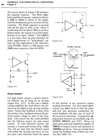 FEEDBACK AND OPERATIONAL AMPLIFIERS
186 Chapter 4
Power booster
The circuit shown in Figure 4.20 produces VVV
For high output current, a power transis-
tor follower can be hung on an op-amp
output (Fig. 4.21). In this case a nonin-
verting amplifier has been drawn; the fol-
lower can be added to any op-amp configu-
ration. Notice that feedback is taken from
the emitter; thus, feedback enforces the de-
sired output voltage in spite of the VBE
drop. This circuit has the usual problem
that the follower output can only source
current. As with transistor circuits, the
remedy is a push-pull booster (Fig. 4.22).
You will see later that the limited speed
with which the op-amp can move its out-
put (slew rate) seriously limits the speed
the required response. The RIAA play-
Figure 4.23
+ VCC
of this booster in the crossover region,
creating distortion. For slow-speed appli-
cations you don't need to bias the push-
pull pair into quiescent conduction, be-
cause feedback will take care of most of
the crossover distortion. Commercial op-
amp power boosters are available, e.g., the
LT1010, OPA633, and 3553. These are
unity-gain push-pull amplifiers capable of
200mA of output current and operation to
lOOMHzand above. You can include them
inside the feedback loop without any wor-
ries (See Table 7.4).
back amplifier frequency response (relative
to OdB at 1kHz) is shown in the graph,
with the breakpointsgiven in terms of time
constants. The 47pF capacitor to ground e output
rolls off the gain to unity at dc, where it
would otherwise be about 1000; as we have -
hinted earlier, the reason is to avoid ampli-
fication of dc input "offsets." The LM833
is a low-noise dual op-amp intended for - VEE
audio applications (a "gold-plated" op- Figure 4.22
amp for this application is the ultra-low-
noise LT1028, which is 13dB quieter, and 2N3055 t heat sink
lOdB more expensive, than the 833!).
, 1 I/,
input
 output
+ v c c t 1 2 V to t30V-
7 ;+1OV (regulated)
(unregulated) O t o l A
10k
0 41
output
1.Ok
- -- -
Figure 4.21
 