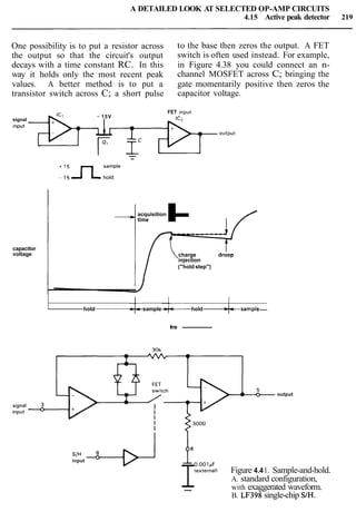 A DETAILED LOOK AT SELECTED OP-AMP CIRCUITS
4.15 Active peak detector 219
One possibility is to put a resistor across to the base then zeros the output. A FET
the output so that the circuit's output switch is often used instead. For example,
decays with a time constant RC. In this in Figure 4.38 you could connect an n-
way it holds only the most recent peak channel MOSFET across C; bringing the
values. A better method is to put a gate momentarily positive then zeros the
transistor switch across C; a short pulse capacitor voltage.
FET inp~
lr.signal
15V
Input
T
output
acquisition
time I-
charge droop
injection
("hold step")
capacitor
voltage
hold sample hold sample-
time-
output
s , yinput
I
0.OOlpF
(external) Figure 4.41. Sample-and-hold.
A. standard configuration,
-- with exaggerated waveform.
B. LF398 single-chip S/H.
 