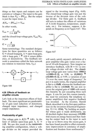 FEEDBACK WITH FINITE-GAIN AMPLIFIERS
4.26 Effects of feedback on amplifier circuits 23
things so that inputs and outputs can be
currents or voltages.) The input to the gain
block is then V,, - BVout. But the output
is just the input times A:
In other words,
and the closed-loop voltage gain, Vout/Vn,
is just
Some terminology: The standard designa-
tions for these quantities are as follows:
G = closed-loopgain, A = open-loop gain,
AB = loop gain, 1 + AB = return differ-
ence, or desensitivity. The feedback net-
work is sometimes called the beta network
(no relation to transistor beta, hf,).
Figure 4.66
4.26 Effects of feedback on
amplifier circuits
Let's look at the important effects of feed-
back. The most significant are predictabil-
ity of gain (and reduction of distortion),
changed input impedance, and changed
output impedance.
Predictability of gain
The voltage gain is A/(l + AB). In the
limit of infinite open-loop gain A, G =
11B. We saw this result in the noninvert-
ing amplifier configuration, where a volt-
age divider on the output provided the
signal to the inverting input (Fig. 4.69).
The closed-loop voltage gain was just the
inverse of the division ratio of the volt-
age divider. For finite gain A, feedback
still acts to reduce the effects of variations
of A (with frequency, temperature, ampli-
tude, etc.). For instance, suppose A de-
pends on frequency as in Figure 4.67. This
Figure 4.67
will surely satisfy anyone's definition of a
poor amplifier (the gain varies over a fac-
tor of 10 with frequency). Now imagine we
introduce feedback, with B = 0.1 (a sim-
ple voltage divider will do). The closed-
loop voltage gain now varies from 1000/[1
+(1000x0.1)], or 9.90, to 10,000/[1 +
(10,000x0.1)], or 9.99, a variation of just
1% over the same range of frequency! To
put it in audio terms, the original amplifier
is flat to flOdB, whereas the feedback am-
plifier is flat to f0.04dB. We can now re-
cover the original gain of 1000with nearly
this linearity by just cascading three such
stages. It was for just this reason (namely,
the need for extremely flat telephone re-
peater amplifiers) that negative feedback
was invented. As the inventor, Harold
Black, described it in his first open publica-
tion on the invention (Electrical Engineer-
ing, 53:114, 1934),"by building an ampli-
fier whose gain is made deliberately, say
40 decibels higher than necessary (10,000-
fold excess on energy basis) and then feed-
ing the output back to the input in such
a way as to throw away the excess gain, it
has been found possible to effect extraordi-
nary improvement in constancy of ampli-
fication and freedom from nonlinearity."
 