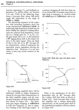 FEEDBACK AND OPERATIONAL AMPLIFIERS
244 Chapter 4
junction capacitance Ci,and feedback ca-
pacitance Ccb(Miller effect, see Sections
2.19 and 13.04) of the following stage,
forms a low-pass filter whose 3dB point
might fall somewhere in the range of
lOOHz to 10kHz.
The decreasing reactance of the capac-
itor with increasing frequency gives rise
to the characteristic 6dbloctave rolloff: At
sufficiently high frequencies (which may be
below IkHz), the capacitive loading domi-
nates the collector load impedance, result-
ing in a voltage gain GV = g,Xc, i.e.,
the gain drops off as llf. It also produces
a 90' lagging phase shift at the output rel-
ative to the input signal. (You can think
of this as the tail of an RC low-pass fil-
ter characteristic, where R represents the
equivalent source impedance driving the
capacitive load. However, it is not nec-
essary to have any actual resistors in the
circuit.)
Figure 4.81
-0-
;m
--
C_
m
a
0-
t
g
In a multistage amplifier there will be
additional rolloffs at higher frequencies,
caused by low-pass filter characteristics in
the other amplifier stages, and the over-
all open-loop gain will look something like
that shown in Figure 4.81. The open-
loop gain begins dropping at 6dBloctave
at some low frequency fl, due to capac-
itive loading of the first-stage output. It

'
I I l $ - - L
continues dropping off with that slope un-
til an internal RC of another stage rears its
ugly head at frequency fi, beyond which
the rolloff goes at 12dB/octave, and so on.
f 1
frequency (log scale)
I
-20 t frequency (log scale)
I
Figure 4.82. Bode plot: gain and phase versus
frequency.
I I
frequency (log) 
Figure 4.83
What is the significance of all this?
Remember that an RC low-pass filter
has a phase shift that looks as shown in
Figure 4.82. Each low-pass filter within
the amplifier has a similar phase-shift
characteristic, so the overall phase shift of
the hypothetical amplifier will be as shown
in Figure 4.83.
 