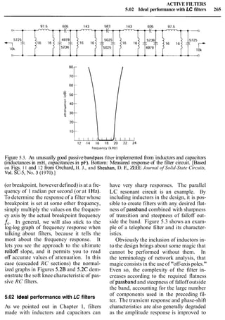 ACTIVE FILTERS
5.02 Ideal performance with LC filters 265
frequency (kHz)
Figure 5.3. An unusually good passive bandpass filter implemented from inductorsand capacitors
(inductances in mH,capacitances in pF). Bottom: Measured response of the filter circuit. [Based
on Figs. 11 and 12 from Orchard, H. J., and Sheahan,D. E, ZEEE Journal of Solid-State Circuits,
Vol. SC-5, NO. 3 (1970).]
(or breakpoint, howeverdefined) is at a fre-
quency of 1 radian per second (or at 1Hz).
To determine the response of a filter whose
breakpoint is set at some other frequency,
simply multiply the values on the frequen-
cy axis by the actual breakpoint frequency
f,. In general, we will also stick to the
log-log graph of frequency response when
talking about filters, because it tells the
most about the frequency response. It
lets you see the approach to the ultimate
rolloff slope, and it permits you to read
off accurate values of attenuation. In this
case (cascaded RC sections) the normal-
ized graphs in Figures 5.2B and 5.2C dem-
onstrate the soft knee characteristic of pas-
sive RC filters.
5.02 Ideal performance with LC filters
As we pointed out in Chapter 1, filters
made with inductors and capacitors can
have very sharp responses. The parallel
LC resonant circuit is an example. By
including inductors in the design, it is pos-
sible to create filters with any desired flat-
ness of passband combined with sharpness
of transition and steepness of falloff out-
side the band. Figure 5.3 shows an exam-
ple of a telephone filter and its character-
istics.
Obviously the inclusion of inductors in-
to the design brings about some magic that
cannot be performed without them. In
the terminology of network analysis, that
magicconsists in the use of "off-axis poles."
Even so, the complexity of the filter in-
creases according to the required flatness
of passband and steepness of falloff outside
the band, accounting for the large number
of components used in the preceding fil-
ter. The transient response and phase-shift
characteristics are also generally degraded
as the amplitude response is improved to
 