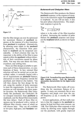 ACTIVE FILTERS
5.05 Filter types 269
15%
1over,sbot
settle to 5%
time ----c
Figure 5.9
that the filter design can now be optimized
for maximum flatness of passband re-
sponse, at the expense of a slow transition
from passband to stopband. Alternatively,
by allowing some ripple in the passband
characteristic, the transition from pass-
band to stopband can be steepened con-
siderably. A third criterion that may be
important is the ability of the filter to pass
signalswithin the passband without distor-
tion of their waveforms caused by phase
shifts. You may also care about rise time,
overshoot, and settling time.
There are filter designs available to opti-
mize each of these characteristics, or com-
binations of them. In fact, rational filter
selection will not be carried out as just de-
scribed; rather, it normally begins with a
set of requirements on passband flatness,
attenuation at some frequency outside the
passband, and whatever else matters. You
will then choose the best design for the
job, using the number of poles necessary
to meet the requirements. In the next few
sections we will introduce the three popu-
lar favorites, the Butterworth filter (max-
imally flat passband), the Chebyshev fil-
ter (steepest transition from passband to
stopband), and the Bessel filter (maximally
flat time delay). Each of these filter re-
sponses can be produced with a variety of
different filter circuits, some of which we
will discuss later. They are all available
in low-pass, high-pass, and bandpass ver-
sions.
Butterworth and Chebyshev filters
The Butterworth filter produces the flattest
passband response, at the expense of steep-
ness in the transition region from passband
to stopband. As you will see later, it also
has poor phase characteristics. The ampli-
tude response is given by
where n is the order of the filter (number
of poles). Increasing the number of poles
flattens the passband response and steep-
ens the stopband falloff,as shown in Figure
5.10.
normalized frequency
Figure 5.10. Normalized low-pass Butterworth-
filter response curves. Note the improved
attenuation characteristics for the higher-order
filters.
The Butterworth filter trades off every-
thing else for maximum flatness of re-
sponse. It starts out extremely flat at zero
frequency and bends over near the cut-
off frequency fc (fc is usually the -3dB
point).
In most applications, all that really mat-
ters is that the wiggles in the passband re-
sponse be kept less than some amount, say
1dB. The Chebyshev filter responds to this
reality by allowing some ripples through-
out the passband, with greatly improved
 