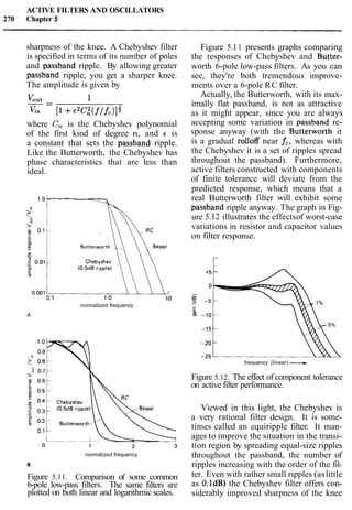 ACTIVE FILTERS AND OSCILLATORS
270 Chapter 5
sharpness of the knee. A Chebyshev filter
is specified in terms of its number of poles
and passband ripple. By allowing greater
passband ripple, you get a sharper knee.
The amplitude is given by
where C, is the Chebyshev polynomial
of the first kind of degree n, and 6 is
a constant that sets the passband ripple.
Like the Butterworth, the Chebyshev has
phase characteristics that are less than
ideal.
normalized frequency
A
normalized frequency
Figure 5.11. Comparison of some common
6-pole low-pass filters. The same filters are
plotted on both linear and logarithmicscales.
Figure 5.11 presents graphs comparing
the responses of Chebyshev and Butter-
worth 6-pole low-pass filters. As you can
see, they're both tremendous improve-
ments over a 6-pole RC filter.
Actually, the Butterworth, with its max-
imally flat passband, is not as attractive
as it might appear, since you are always
accepting some variation in passband re-
sponse anyway (with the Butterworth it
is a gradual rolloff near f,, whereas with
the Chebyshev it is a set of ripples spread
throughout the passband). Furthermore,
active filters constructed with components
of finite tolerance will deviate from the
predicted response, which means that a
real Butterworth filter will exhibit some
passband ripple anyway. The graph in Fig-
ure 5.12 illustrates the effectsof worst-case
variations in resistor and capacitor values
on filter response.
frequency (linear) ---,
Figure 5.12. The effect of component tolerance
on active filter performance.
Viewed in this light, the Chebyshev is
a very rational filter design. It is some-
times called an equiripple filter: It man-
ages to improve the situation in the transi-
tion region by spreading equal-size ripples
throughout the passband, the number of
ripples increasing with the order of the fil-
ter. Even with rather small ripples (aslittle
as 0.ldB) the Chebyshev filter offers con-
siderably improved sharpness of the knee
 