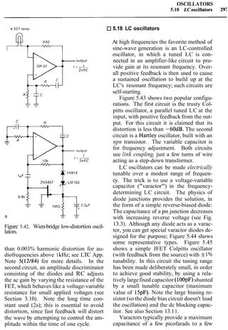 OSCILLATORS
5.18 LCoscillators 29;
# 3 2 7 lamp 5.18 LC oscillators
output
OP-37 f=-- 1
2nRC
output
1-
2nRC
Figure 5.42. Wien-bridge low-distortion oscil-
lators.
than 0.003% harmonic distortion for au-
diofrequencies above 1kHz; see LTC App.
Note 5(12/84) for more details. In the
second circuit, an amplitude discriminator
consisting of the diodes and RC adjusts
the ac gain by varying the resistance of the
FET, which behaves like a voltage-variable
resistance for small applied voltages (see
Section 3.10). Note the long time con-
stant used (2s); this is essential to avoid
distortion, since fast feedback will distort
the wave by attempting to control the am-
plitude within the time of one cycle.
At high frequencies the favorite method of
sine-wave generation is an LC-controlled
oscillator, in which a tuned LC is con-
nected in an amplifier-like circuit to pro-
vide gain at its resonant frequency. Over-
all positive feedback is then used to cause
a sustained oscillation to build up at the
LC's resonant frequency; such circuits are
self-starting.
Figure 5.43 shows two popular configu-
rations. The first circuit is the trusty Col-
pitts oscillator, a parallel tuned LC at the
input, with positive feedback from the out-
put. For this circuit it is claimed that its
distortion is less than -60dB. The second
circuit is a Hartley oscillator, built with an
npn transistor. The variable capacitor is
for frequency adjustment. Both circuits
use link coupling, just a few turns of wire
acting as a step-down transformer.
LC oscillators can be made electrically
tunable over a modest range of frequen-
cy. The trick is to use a voltage-variable
capacitor ("varactor") in the frequency-
determining LC circuit. The physics of
diode junctions provides the solution, in
the form of a simple reverse-biased diode:
The capacitance of a pn junction decreases
with increasing reverse voltage (see Fig.
13.3). Although any diode acts as a varac-
tor, you can get special varactor diodes de-
signed for the purpose; Figure 5.44 shows
some representative types. Figure 5.45
shows a simple JFET Colpitts oscillator
(with feedback from the source) with flolo
tunability. In this circuit the tuning range
has been made deliberately small, in order
to achieve good stability, by using a rela-
tively largefixed capacitor (lOOpF)shunted
by a small tunable capacitor (maximum
value of 15pF). Note the large biasing re-
sistor (sothe diode bias circuit doesn't load
the oscillation) and the dc blocking capac-
itor. See also Section 13.11.
Varactors typically provide a maximum
capacitance of a few picofarads to a few
 