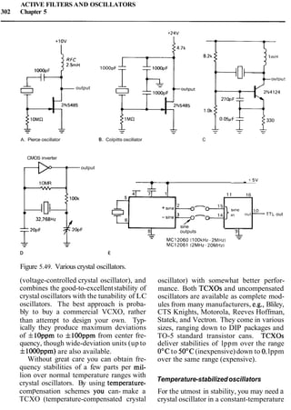 ACTIVE FILTERS AND OSCILLATORS
302 Chapter 5
2.5rnH
1OOOpF
output
-
A. Pierce oscillator 0. Colpitts oscillator C
CMOS inverter
Figure 5.49. Various crystal oscillators.
v output
(voltage-controlled crystal oscillator), and
combines the good-to-excellentstability of
crystal oscillators with the tunability of LC
oscillators. The best approach is proba-
bly to buy a commercial VCXO, rather
than attempt to design your own. Typ-
ically they produce maximum deviations
of flOppm to fIOOppm from center fre-
quency, though wide-deviation units (up to
f1000ppm) are also available.
Without great care you can obtain fre-
quency stabilities of a few parts per mil-
1OMR
1-
oscillator) with somewhat better perfor-
mance. Both TCXOs and uncompensated
oscillators are available as complete mod-
ules from many manufacturers, e.g., Bliley,
CTS Knights, Motorola, Reeves Hoffman,
Statek, and Vectron. They come in various
sizes, ranging down to DIP packages and
TO-5 standard transistor cans. TCXOs
deliver stabilities of lppm over the range
0°C to 50°C(inexpensive) down to 0.lppm
over the same range (expensive).
- + 5 v
lion over normal temperature ranges with
crystal oscillators. By using temperature-
Temperature-stabilizedoscillators
compensation schemes yo; can- make a For the utmost in stability, you may need a
TCXO (temperature-compensated crystal crystal oscillator in a constant-temperature
Trir 1
5
11 16
1OOk
1 ) 10; 4 )
32,768Hz
-7sine
1?OPF
g outputs 9 1
- -
- MC12060 (100kHz-2MHz) --L
-- MC12061 (2MHz-20MHzl
D E
+ slne 42 -0
-sine
3 -d}reout 10TTL out
 
