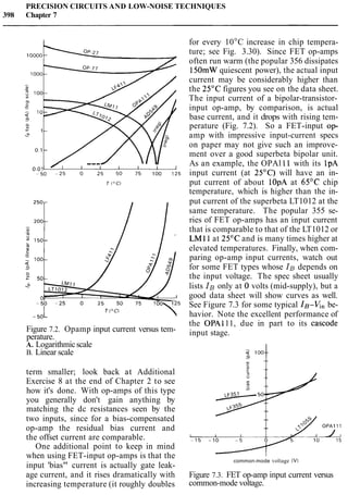 PRECISION CIRCUITS AND LOW-NOISE TECHNIQUES
398 Chapter 7
Figure 7.2. Opamp input current versus tem-
perature.
A. Logarithmicscale
B. Linear scale
term smaller; look back at Additional
Exercise 8 at the end of Chapter 2 to see
how it's done. With op-amps of this type
you generally don't gain anything by
matching the dc resistances seen by the
two inputs, since for a bias-compensated
op-amp the residual bias current and
the offset current are comparable.
One additional point to keep in mind
when using FET-input op-amps is that the
input 'bias" current is actually gate leak-
age current, and it rises dramatically with
increasing temperature (it roughly doubles
for every 10°C increase in chip tempera-
ture; see Fig. 3.30). Since FET op-amps
often run warm (the popular 356 dissipates
150mWquiescent power), the actual input
current may be considerably higher than
the 25°C figures you see on the data sheet.
The input current of a bipolar-transistor-
input op-amp, by comparison, is actual
base current, and it drops with rising tem-
perature (Fig. 7.2). So a FET-input op-
amp with impressive input-current specs
on paper may not give such an improve-
ment over a good superbeta bipolar unit.
As an example, the OPAl 11 with its 1pA
input current (at 25OC) will have an in-
put current of about lOpA at 65OC chip
temperature, which is higher than the in-
put current of the superbeta LT1012 at the
same temperature. The popular 355 se-
ries of FET op-amps has an input current
that is comparable to that of the LT1012 or
LMl1 at 25OC and is many times higher at
elevated temperatures. Finally, when com-
paring op-amp input currents, watch out
for some FET types whose IB depends on
the input voltage. The spec sheet usually
lists IB only at 0 volts (mid-supply), but a
good data sheet will show curves as well.
See Figure 7.3 for some typical IB-Vn be-
havior. Note the excellent performance of
the OPAl11, due in part to its cascode
input stage.
common-mode voltage (VI
Figure 7.3. FET op-amp input current versus
common-mode voltage.
 