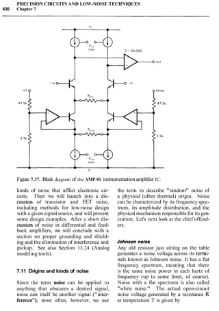 PRECISION CIRCUITS AND LOW-NOISE TECHNIQUES
430 Chapter 7
Figure 7.37. Block diagram of the AMP-01 instrumentation amplifier IC.
kinds of noise that afflict electronic cir- the term to describe "random" noise of
cuits. Then we will launch into a dis- a physical (often thermal) origin. Noise
cussion of transistor and FET noise, can be characterized by its frequency spec-
including methods for low-noise design trum, its amplitude distribution, and the
with a given signal source, and will present physical mechanism responsible for its gen-
some design examples. After a short dis- eration. Let's next look at the chief offend-
cussion of noise in differential and feed- ers.
back amplifiers, we will conclude with a
section on proper grounding and shield- Johnson noise
ing and the elimination of interference and
pickup. See also Section 13.24 (Analog Any old resistor just sitting on the table
modeling tools). generates a noise voltage across its termi-
nals known as Johnson noise. It has a flat
frequency spectrum, meaning that there
7.11 Origins and kinds of noise is the same noise power in each hertz of
frequency (up to some limit, of course).
Since the term noise can be applied to Noise with a flat spectrum is also called
anything that obscures a desired signal, "white noise." The actual open-circuit
noise can itself be another signal ("inter- noise voltage generated by a resistance R
ference"); most often, however, we use at temperature T is given by
 