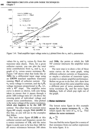 PRECISION CIRCUITS AND LOW-NOISE TECHNIQUES
440 Chapter 7
loooO r noise for LM394 input
I stage a t IkHz, I, = 50uA
77f--7- e,, = 2 . 5 n V l H ~ ' ~
5'5
/' ) 3dB
in = 0.16pA/Hzx
Figure 7.49. Total amplifier input voltage noise (ea)plotted from the en and in parameters.
values for en and in versus Ic from the and 500k, the points at which the 3dB
transistor data sheets. Then, for a given NF contour intersects the amplifier noise
collector current, you can plot the total curve.
noise contributions from en and in as a The next step is to draw a few of these
graph of e, versus source resistance R,. noise curves on the same graph, using
Figure 7.49 shows what that looks like at different collector currents or frequencies,
lkHz for a differential input stage using or maybe a selection of transistor types,
an LM394 matched superbeta transistor in order to evaluate amplifier performance.
running 50pA of collector current. The Before we go on to do that, let's show how
en noise voltage is constant, and the inR, we can talk about this same amplifier using
voltage increases proportional to R,, i.e., a different pair of noise parameters, the
with a 45' slope. The amplifier noise noise resistance R, and the noise figure
curve is drawn as shown, with care being NF(RN), both of which pop right out of
taken to ensure that it passes through a the graph.
point 3dB (voltage ratio of 1.4) above the
crossing point of individual voltage and
current noise contributions. Also plotted Noise resistance
is the noise voltageof the source resistance,
which also happens to be the 3dB NF The lowest noise figure in this example
contour. The other lines of constant noise occurs for a source resistance R, = 15k,
figure are simply straight lines parallel to which equals the ratio of en to in. That
this line, as you will see in the examples defines the noise resistance
that follow.
The best noise figure (0.2dB) at this Q, = %
collector current and frequency occurs for 2n
a source resistance of 15k, and the noise You can find the noise figurefor a source of
figure is easily seen to be less than 3dB for that resistance from our earlier expression
all source resistances between 300 ohms for noise figure. It is
 
