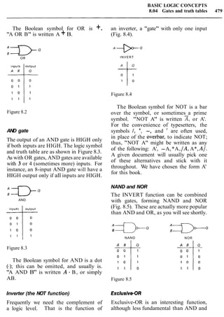 BASIC LOGIC CONCEPTS
8.04 Gates and truth tables 479
The Boolean symbol for OR is +. an inverter, a "gate" with only one input
"A OR B" is written A +B. (Fig. 8.4).
inputs output
A g i o
Figure 8.2
AND gate
The output of an AND gate is HIGH only
if both inputs are HIGH. The logic symbol
and truth table are as shown in Figure 8.3.
As with OR gates, AND gates are available
with 3 or 4 (sometimes more) inputs. For
instance, an 8-input AND gate will have a
HIGH output only if all inputs are HIGH.
B"=DoAND
Inputs output
I
Figure 8.3
The Boolean symbol for AND is a dot
(.); this can be omitted, and usually is.
"A AND B" is written A B, or simply
AB.
INVERT
Figure 8.4
The Boolean symbol for NOT is a bar
over the symbol, or sometimes a prime
symbol. "NOT A" is written 2,or A'.
For the convenience of typesetters, the
symbols 1, *, -, and ' are often used,
in place of the overbar, to indicate NOT;
thus, "NOT A" might be written as any
of the following: A', -A,*A,/A, A*,A/.
A given document will usually pick one
of these alternatives and stick with it
throughout. We have chosen the form A'
for this book.
NAND and NOR
The INVERT function can be combined
with gates, forming NAND and NOR
(Fig. 8.5). These are actually more popular
than AND and OR, as you will see shortly.
BI QB
NAND
ANOR
Figure 8.5
Inverter (the NOT function) Exclusive-OR
Frequently we need the complement of Exclusive-OR is an interesting function,
a logic level. That is the function of although less fundamental than AND and
 