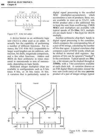 DIGITAL ELECTRONICS
498 Chapter 8
L
+S output
Figure 8.37. 4-bit full adder.
digital signal processing is the so-called
MAC (multiplier-accumulator), which
accumulates a sum of products; these, too,
:arry out are available in sizes up to 32x32, with
64-bit product plus a few additional bits
to keep the sum from overflowing. CMOS
MACs and multipliers are available with
typical speeds of 25-5011s; ECL multipli-
ers are much faster - 5ns (typ) for 16x16
multiply.
A device known as an arithmetic logic
unit (ALU) is often used as an adder. It
actually has the capability of performing
a number of different functions. For in-
stance, the '1 81 4-bit ALU (expandable to
larger word lengths) can do addition, sub-
traction, bit shifts, magnitude comparison,
and a few other functions. Adders and
ALUs do their arithmetic in times mea-
sured in nanoseconds to tens of nanosec-
onds, depending on logic family.
Dedicated integer multiplier chips are
available in configurations such as 8 bits
times 8 bits, or 16 bits times 16 bits.
A variation that is particularly suited to
Another arithmetic chip that's handy in
digital signal processing is the correlator,
which compares the corresponding bits of
a pair of bit strings, calculating the number
of bits that agree. A typical correlator chip
compares a pair of 64-bit words, which can
be shifted in internal shift registers. Any
pattern of bits can be ignored ("masked")
in the correlation. Typical speeds are 30ns,
i.e., a bit stream can be clocked through at
35MHz, with a 7-bit correlation available
at each clock tick. A variation (known as
an FIR digital filter) calculates instead the
true sum (with carry) of the true pairwise
product of a pair of integer strings; typical
A (8bits) (inputs) 8 (8bits)
 I
1
9-bit sum Figure 8.38. Adder expan-
(output) sion.
 