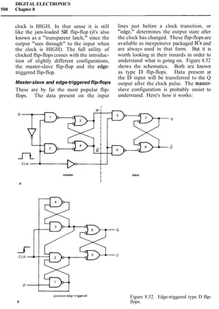 DIGITAL ELECTRONICS
508 Chapter 8
clock is HIGH. In that sense it is still
like the jam-loaded SR flip-flop (it's also
known as a "transparent latch," since the
output "sees through" to the input when
the clock is HIGH). The full utility of
clocked flip-flops comes with the introduc-
tion of slightly different configurations,
the master-slave flip-flop and the edge-
triggered flip-flop.
Master-slave and edge-triggered flip-flops
These are by far the most popular flip-
flops. The data present on the input
lines just before a clock transition, or
"edge," determines the output state after
the clock has changed. These flip-flops are
available as inexpensive packaged ICs and
are always used in that form. But it is
worth looking at their innards in order to
understand what is going on. Figure 8.52
shows the schematics. Both are known
as type D flip-flops. Data present at
the D input will be transferred to the Q
output after the clock pulse. The master-
slave configuration is probably easier to
understand. Here's how it works:
master I
I
I
Q
CLK e Q
slave
Figure 8.52. Edge-triggered type D flip-
flops.
 