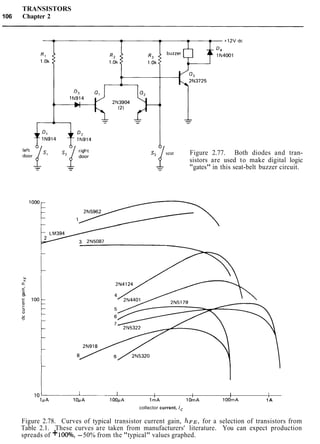 TRANSISTORS
106 Chapter 2
seat Figure 2.77. Both diodes and tran-
sistors are used to make digital logic
"gates" in this seat-belt buzzer circuit.
10- 1 I I I I
1OMA 100pA 1mA lOrnA 1OOmA 1 A
collector current, lc
Figure 2.78. Curves of typical transistor current gain, ~ F E ,for a selection of transistors from
Table 2.1. These curves are taken from manufacturers' literature. You can expect production
spreads of +100°/o, -50% from the "typical" values graphed.
 
