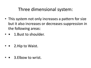 Three dimensional system:
• This system not only increases a pattern for size
but it also increases or decreases suppression in
the following areas:
• • 1.Bust to shoulder.
• • 2.Hip to Waist.
• • 3.Elbow to wrist.
 