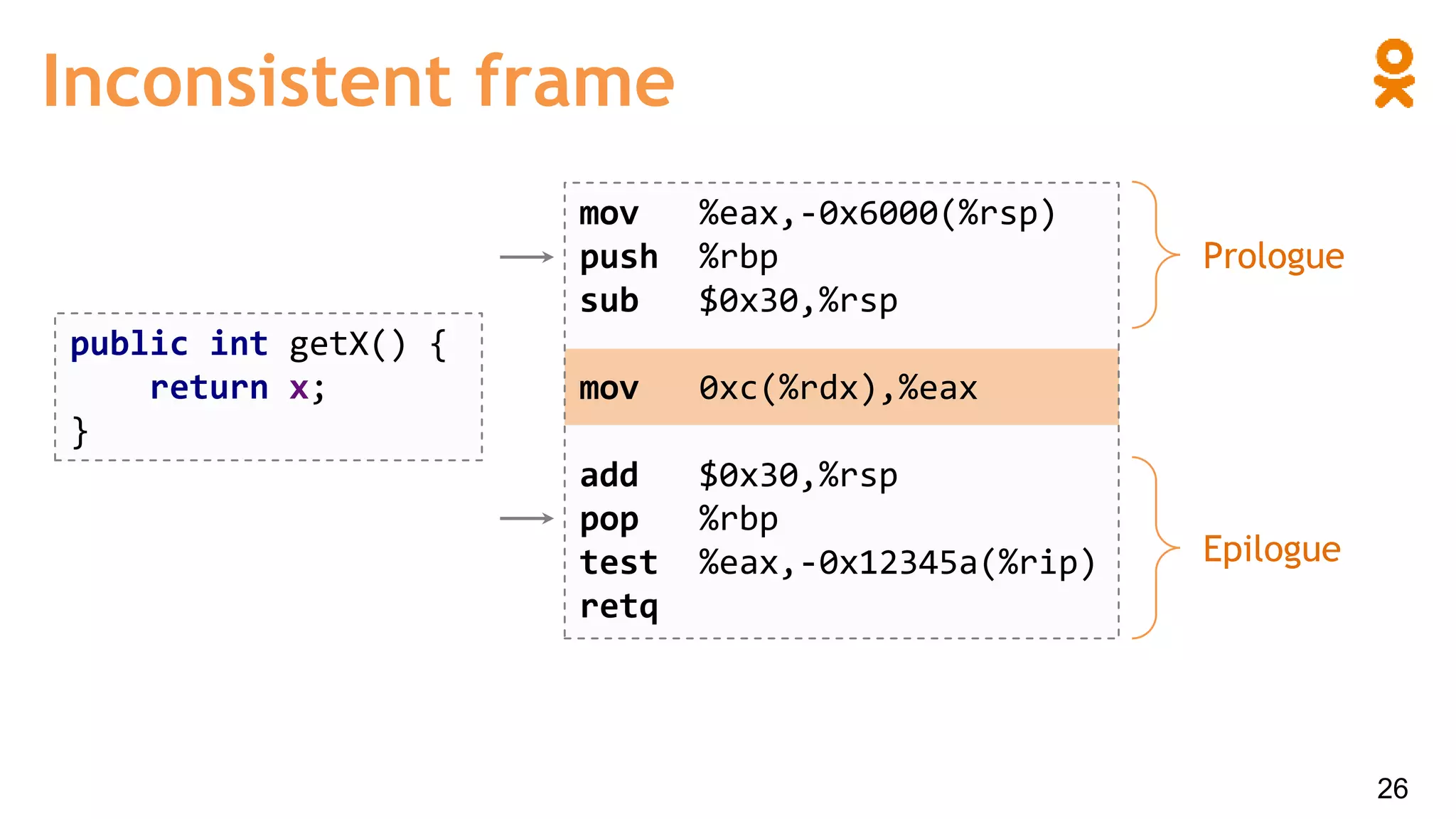 Inconsistent frame
mov %eax,-0x6000(%rsp)
push %rbp
sub $0x30,%rsp
mov 0xc(%rdx),%eax
add $0x30,%rsp
pop %rbp
test %eax,-0x12345a(%rip)
retq
public int getX() {
return x;
}
Epilogue
Prologue
26
 