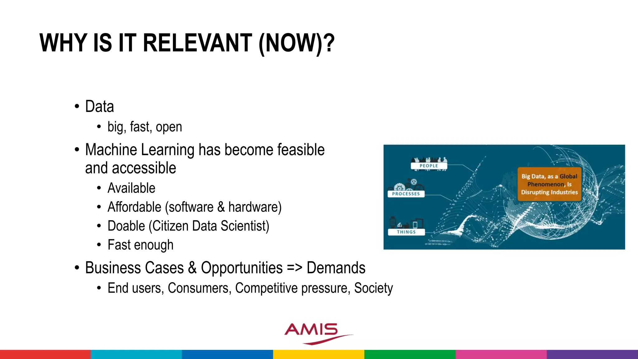 WHY IS IT RELEVANT (NOW)?
• Data
• big, fast, open
• Machine Learning has become feasible
and accessible
• Available
• Affordable (software & hardware)
• Doable (Citizen Data Scientist)
• Fast enough
• Business Cases & Opportunities => Demands
• End users, Consumers, Competitive pressure, Society
 