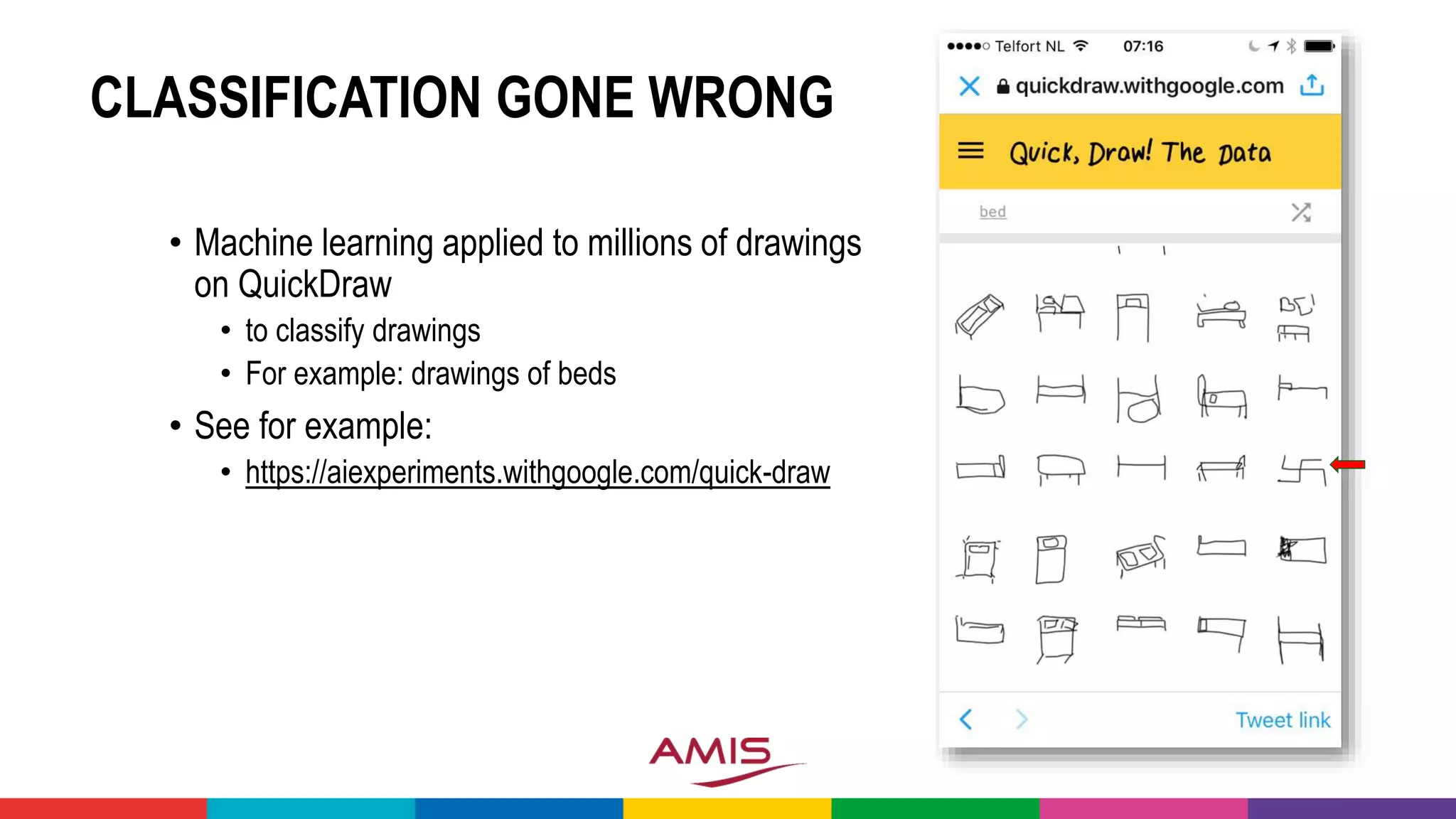 CLASSIFICATION GONE WRONG
• Machine learning applied to millions of drawings
on QuickDraw
• to classify drawings
• For example: drawings of beds
• See for example:
• https://aiexperiments.withgoogle.com/quick-draw
 