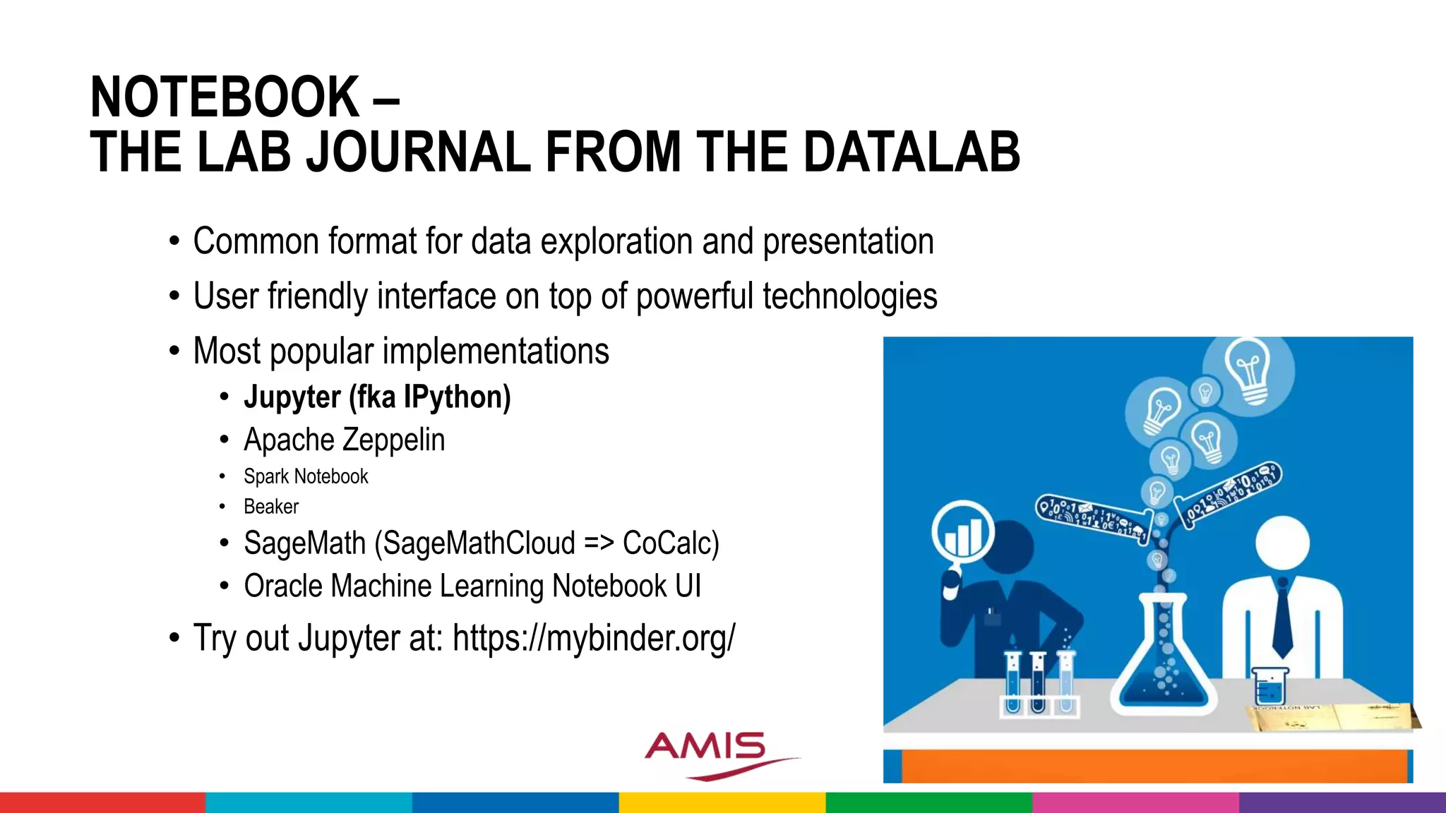 NOTEBOOK –
THE LAB JOURNAL FROM THE DATALAB
• Common format for data exploration and presentation
• User friendly interface on top of powerful technologies
• Most popular implementations
• Jupyter (fka IPython)
• Apache Zeppelin
• Spark Notebook
• Beaker
• SageMath (SageMathCloud => CoCalc)
• Oracle Machine Learning Notebook UI
• Try out Jupyter at: https://mybinder.org/
 