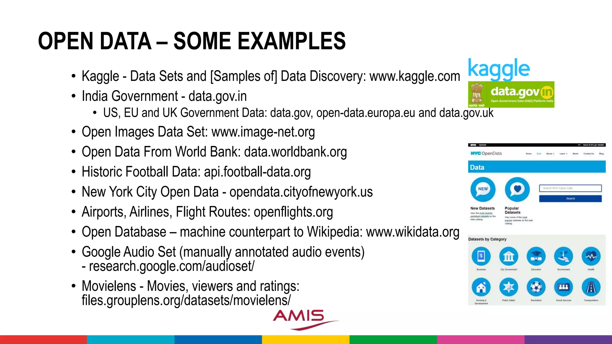 OPEN DATA – SOME EXAMPLES
• Kaggle - Data Sets and [Samples of] Data Discovery: www.kaggle.com
• India Government - data.gov.in
• US, EU and UK Government Data: data.gov, open-data.europa.eu and data.gov.uk
• Open Images Data Set: www.image-net.org
• Open Data From World Bank: data.worldbank.org
• Historic Football Data: api.football-data.org
• New York City Open Data - opendata.cityofnewyork.us
• Airports, Airlines, Flight Routes: openflights.org
• Open Database – machine counterpart to Wikipedia: www.wikidata.org
• Google Audio Set (manually annotated audio events)
- research.google.com/audioset/
• Movielens - Movies, viewers and ratings:
files.grouplens.org/datasets/movielens/
 