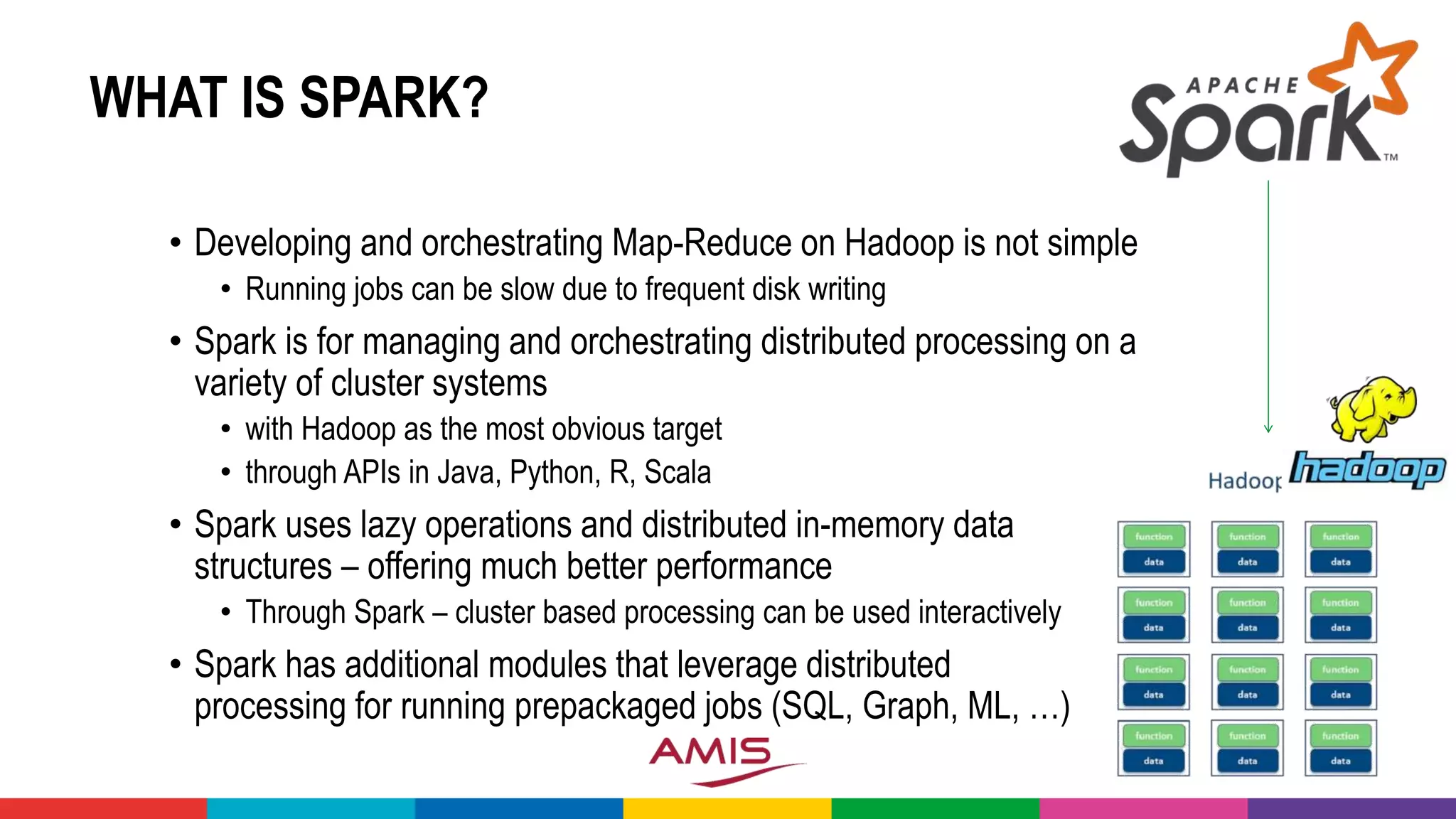 WHAT IS SPARK?
• Developing and orchestrating Map-Reduce on Hadoop is not simple
• Running jobs can be slow due to frequent disk writing
• Spark is for managing and orchestrating distributed processing on a
variety of cluster systems
• with Hadoop as the most obvious target
• through APIs in Java, Python, R, Scala
• Spark uses lazy operations and distributed in-memory data
structures – offering much better performance
• Through Spark – cluster based processing can be used interactively
• Spark has additional modules that leverage distributed
processing for running prepackaged jobs (SQL, Graph, ML, …)
 