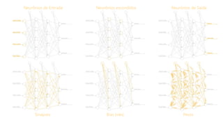 Neurônios de Entrada Neurônios escondidos Neurônios de Saída
Sinapses Bias (viés) Pesos
 