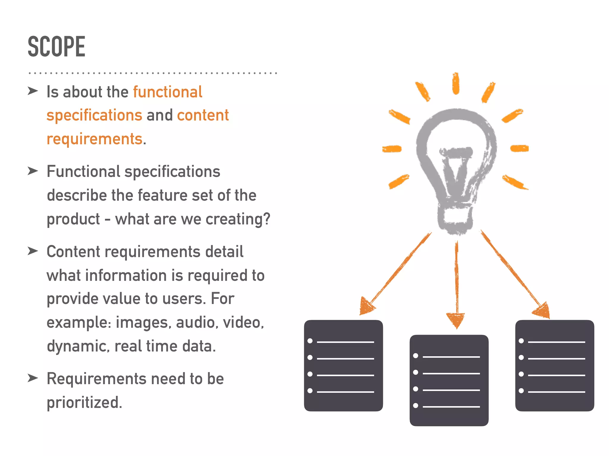SCOPE
➤ Is about the functional
specifications and content
requirements.
➤ Functional specifications
describe the feature set of the
product - what are we creating?
➤ Content requirements detail
what information is required to
provide value to users. For
example: images, audio, video,
dynamic, real time data.
➤ Requirements need to be
prioritized.
• ————
• ————
• ————
• ————
• ————
• ————
• ————
• ————
• ————
• ————
• ————
• ————
 