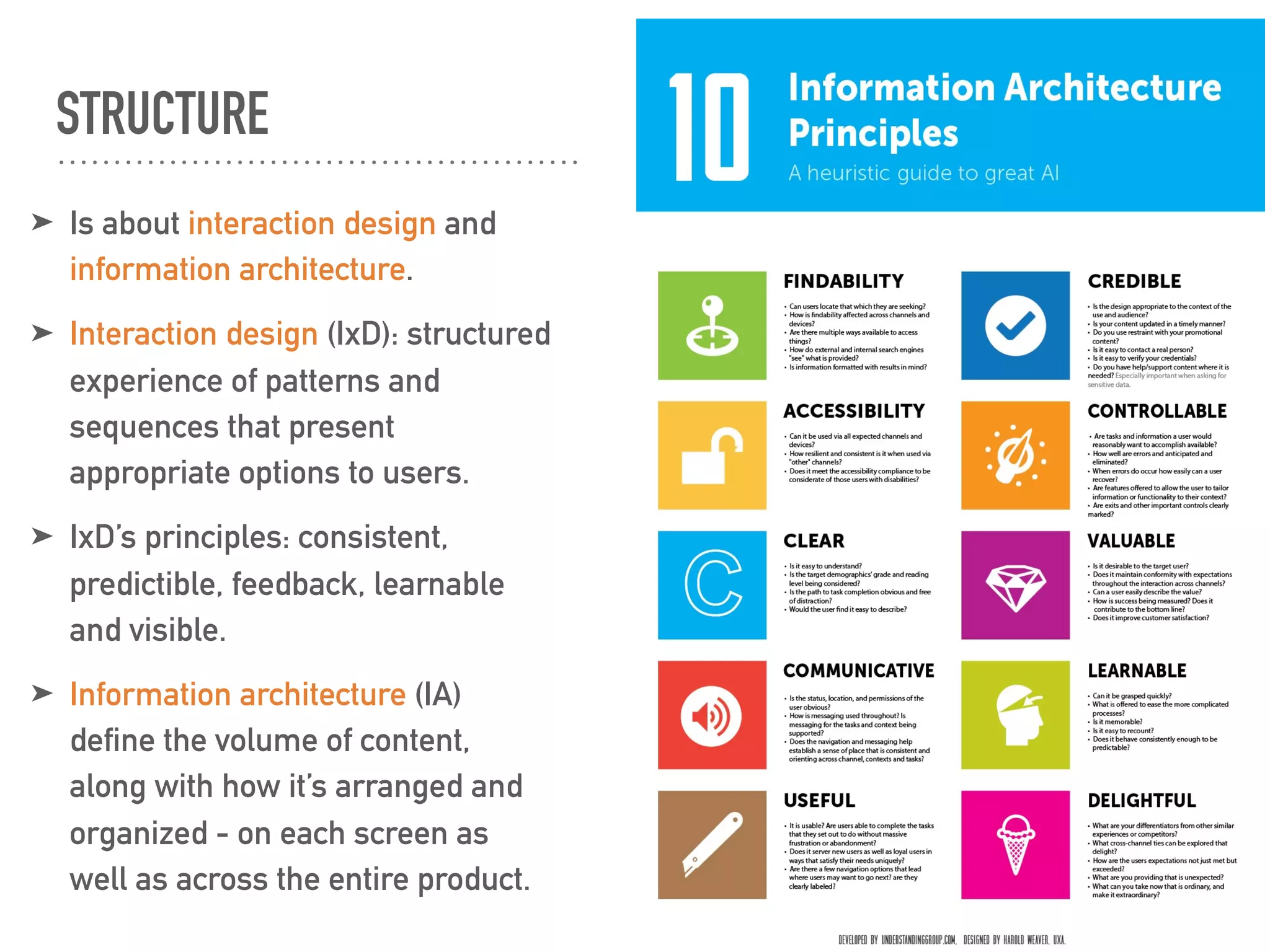 STRUCTURE
➤ Is about interaction design and
information architecture.
➤ Interaction design (IxD): structured
experience of patterns and
sequences that present
appropriate options to users.
➤ IxD’s principles: consistent,
predictible, feedback, learnable
and visible.
➤ Information architecture (IA)
define the volume of content,
along with how it’s arranged and
organized - on each screen as
well as across the entire product.
 