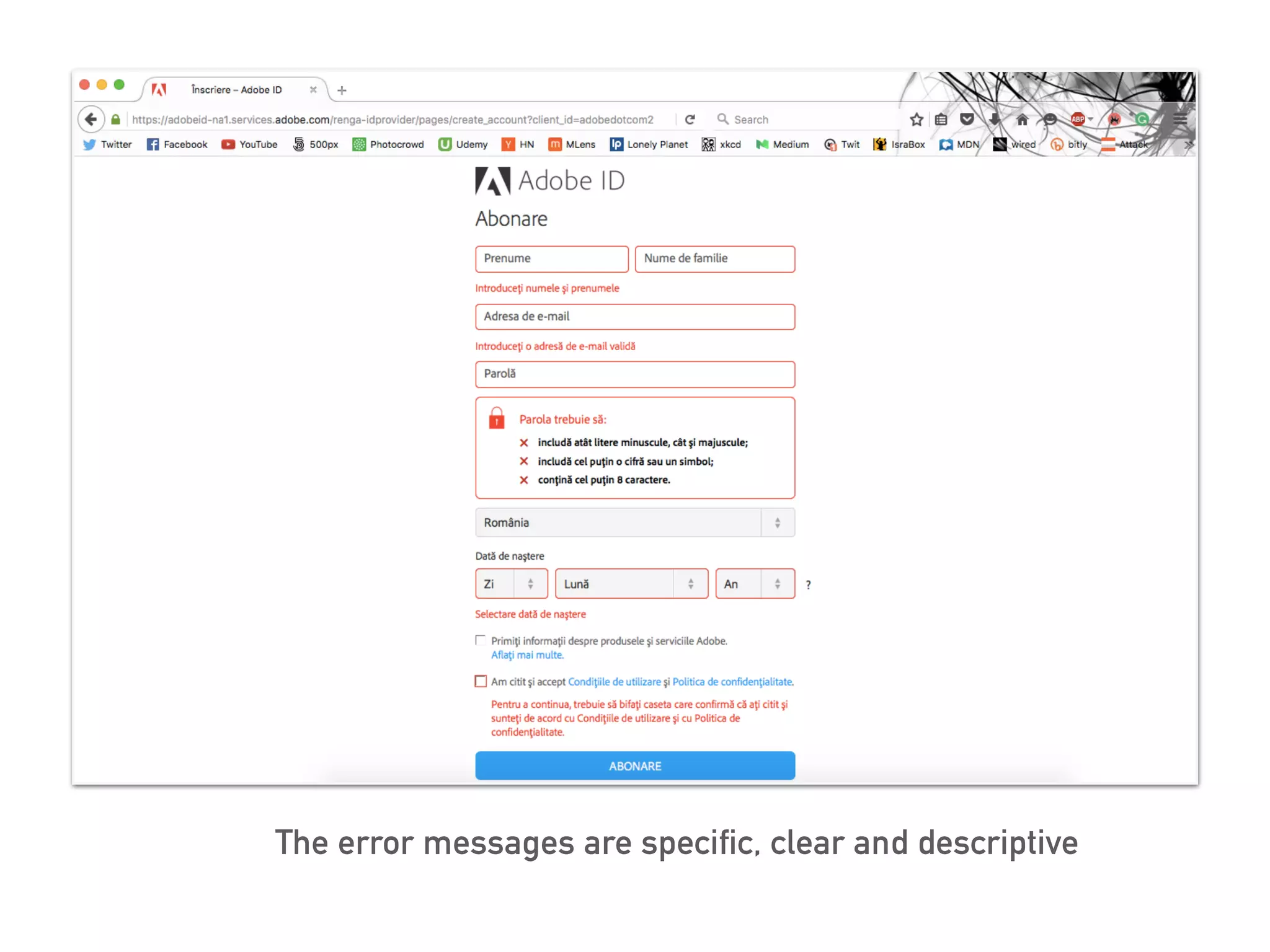 The error messages are specific, clear and descriptive