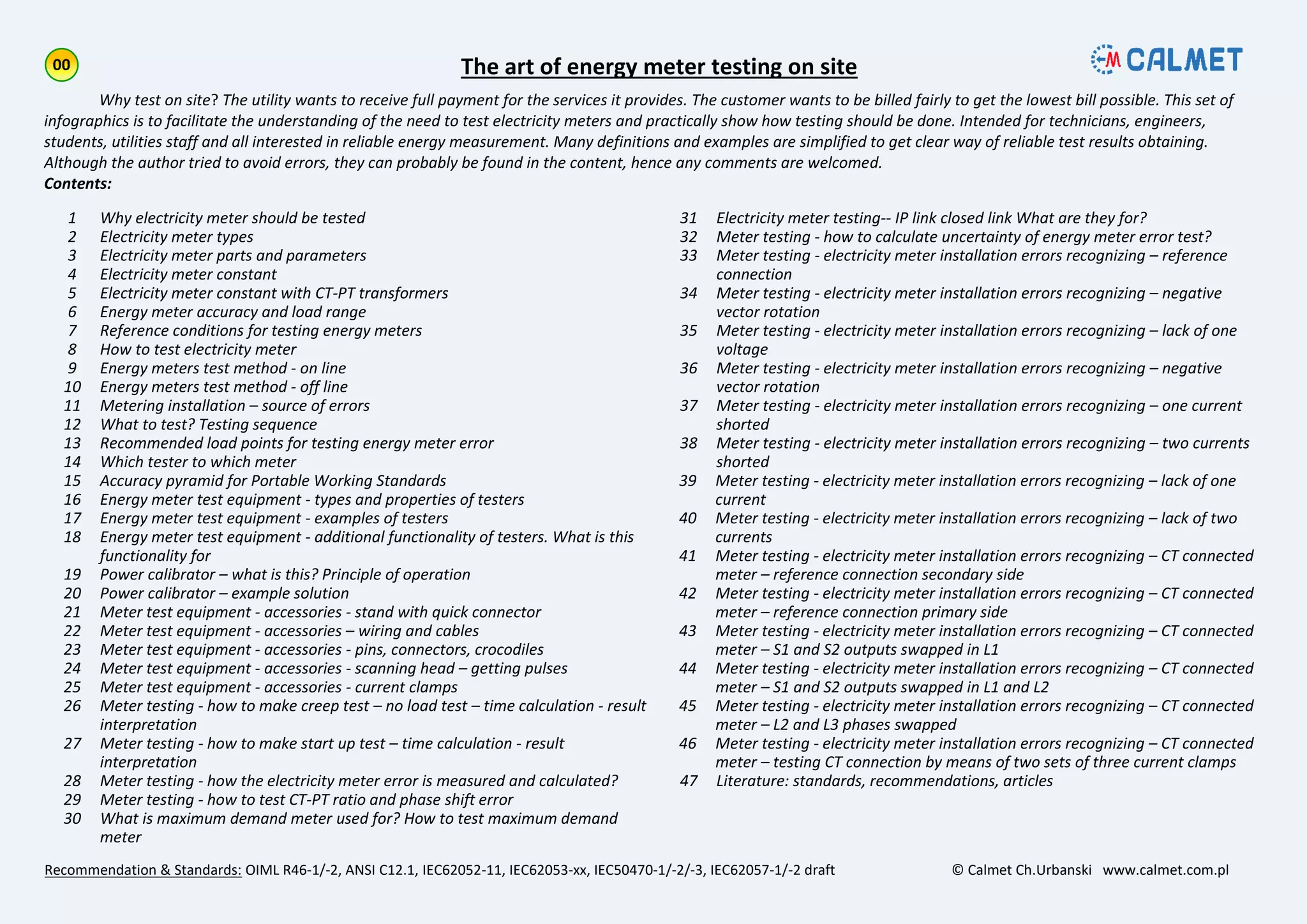 Why test on site? The utility wants to receive full payment for the services it provides. The customer wants to be billed fairly to get the lowest bill possible. This set of
infographics is to facilitate the understanding of the need to test electricity meters and practically show how testing should be done. Intended for technicians, engineers,
students, utilities staff and all interested in reliable energy measurement. Many definitions and examples are simplified to get clear way of reliable test results obtaining.
Although the author tried to avoid errors, they can probably be found in the content, hence any comments are welcomed.
Contents:
1 Why electricity meter should be tested
2 Electricity meter types
3 Electricity meter parts and parameters
4 Electricity meter constant
5 Electricity meter constant with CT-PT transformers
6 Energy meter accuracy and load range
7 Reference conditions for testing energy meters
8 How to test electricity meter
9 Energy meters test method - on line
10 Energy meters test method - off line
11 Metering installation – source of errors
12 What to test? Testing sequence
13 Recommended load points for testing energy meter error
14 Which tester to which meter
15 Accuracy pyramid for Portable Working Standards
16 Energy meter test equipment - types and properties of testers
17 Energy meter test equipment - examples of testers
18 Energy meter test equipment - additional functionality of testers. What is this
functionality for
19 Power calibrator – what is this? Principle of operation
20 Power calibrator – example solution
21 Meter test equipment - accessories - stand with quick connector
22 Meter test equipment - accessories – wiring and cables
23 Meter test equipment - accessories - pins, connectors, crocodiles
24 Meter test equipment - accessories - scanning head – getting pulses
25 Meter test equipment - accessories - current clamps
26 Meter testing - how to make creep test – no load test – time calculation - result
interpretation
27 Meter testing - how to make start up test – time calculation - result
interpretation
28 Meter testing - how the electricity meter error is measured and calculated?
29 Meter testing - how to test CT-PT ratio and phase shift error
30 What is maximum demand meter used for? How to test maximum demand
meter
31 Electricity meter testing-- IP link closed link What are they for?
32 Meter testing - how to calculate uncertainty of energy meter error test?
33 Meter testing - electricity meter installation errors recognizing – reference
connection
34 Meter testing - electricity meter installation errors recognizing – negative
vector rotation
35 Meter testing - electricity meter installation errors recognizing – lack of one
voltage
36 Meter testing - electricity meter installation errors recognizing – negative
vector rotation
37 Meter testing - electricity meter installation errors recognizing – one current
shorted
38 Meter testing - electricity meter installation errors recognizing – two currents
shorted
39 Meter testing - electricity meter installation errors recognizing – lack of one
current
40 Meter testing - electricity meter installation errors recognizing – lack of two
currents
41 Meter testing - electricity meter installation errors recognizing – CT connected
meter – reference connection secondary side
42 Meter testing - electricity meter installation errors recognizing – CT connected
meter – reference connection primary side
43 Meter testing - electricity meter installation errors recognizing – CT connected
meter – S1 and S2 outputs swapped in L1
44 Meter testing - electricity meter installation errors recognizing – CT connected
meter – S1 and S2 outputs swapped in L1 and L2
45 Meter testing - electricity meter installation errors recognizing – CT connected
meter – L2 and L3 phases swapped
46 Meter testing - electricity meter installation errors recognizing – CT connected
meter – testing CT connection by means of two sets of three current clamps
47 Literature: standards, recommendations, articles
The art of energy meter testing on site
Recommendation & Standards: OIML R46-1/-2, ANSI C12.1, IEC62052-11, IEC62053-xx, IEC50470-1/-2/-3, IEC62057-1/-2 draft © Calmet Ch.Urbanski www.calmet.com.pl
 