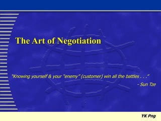 The Art of Negotiation
“Knowing yourself & your “enemy” (customer) win all the battles . . .”
- Sun Tze
YK Png
 