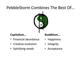 PebbleStorm Combines The Best Of… Capitalism… Financial abundance Creative evolution Satisfying needs Buddhism… Happiness Integrity Acceptance 
