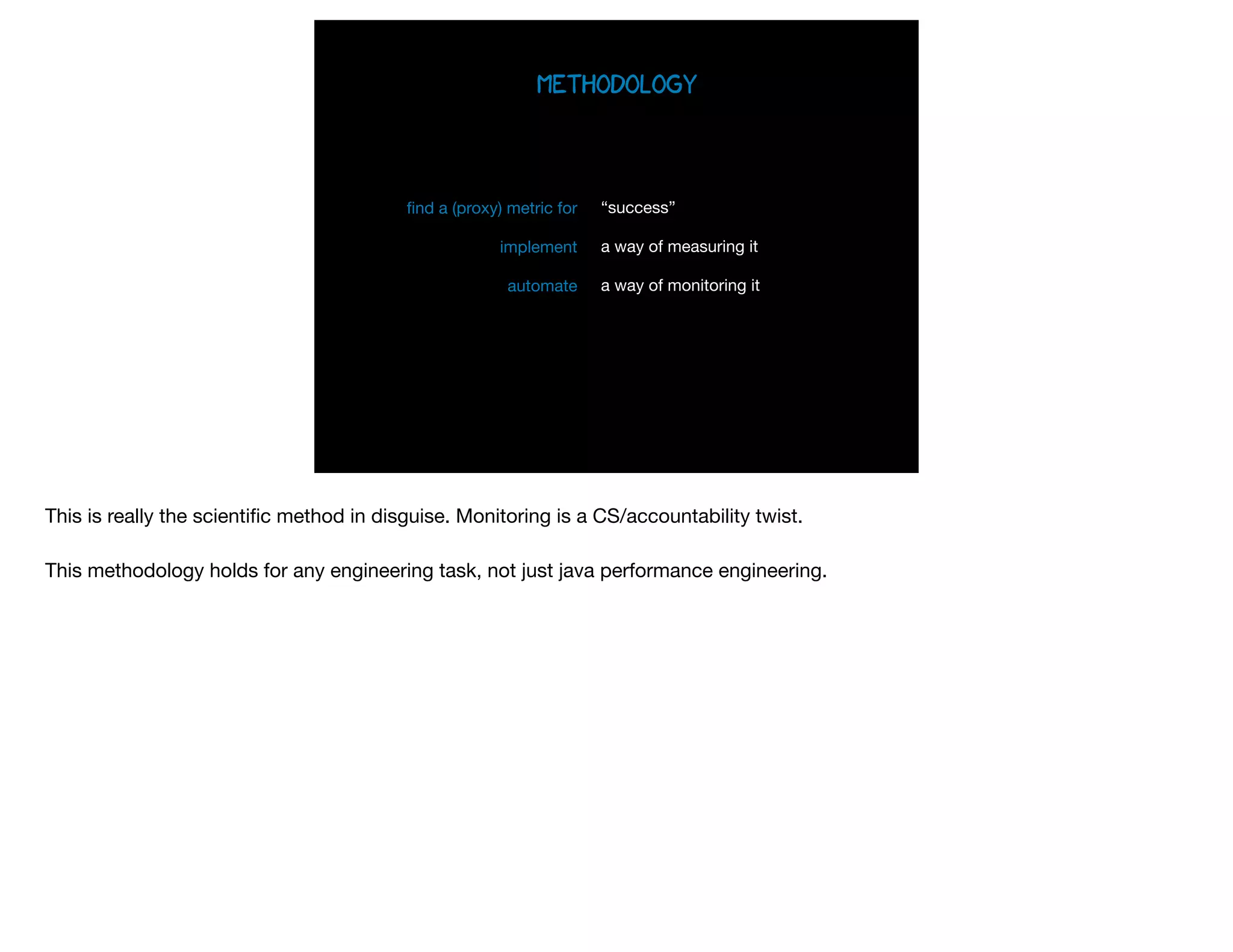 Methodology
ﬁnd a (proxy) metric for 

implement 

automate
“success”

a way of measuring it

a way of monitoring it
This is really the scientiﬁc method in disguise. Monitoring is a CS/accountability twist.

This methodology holds for any engineering task, not just java performance engineering.
 
