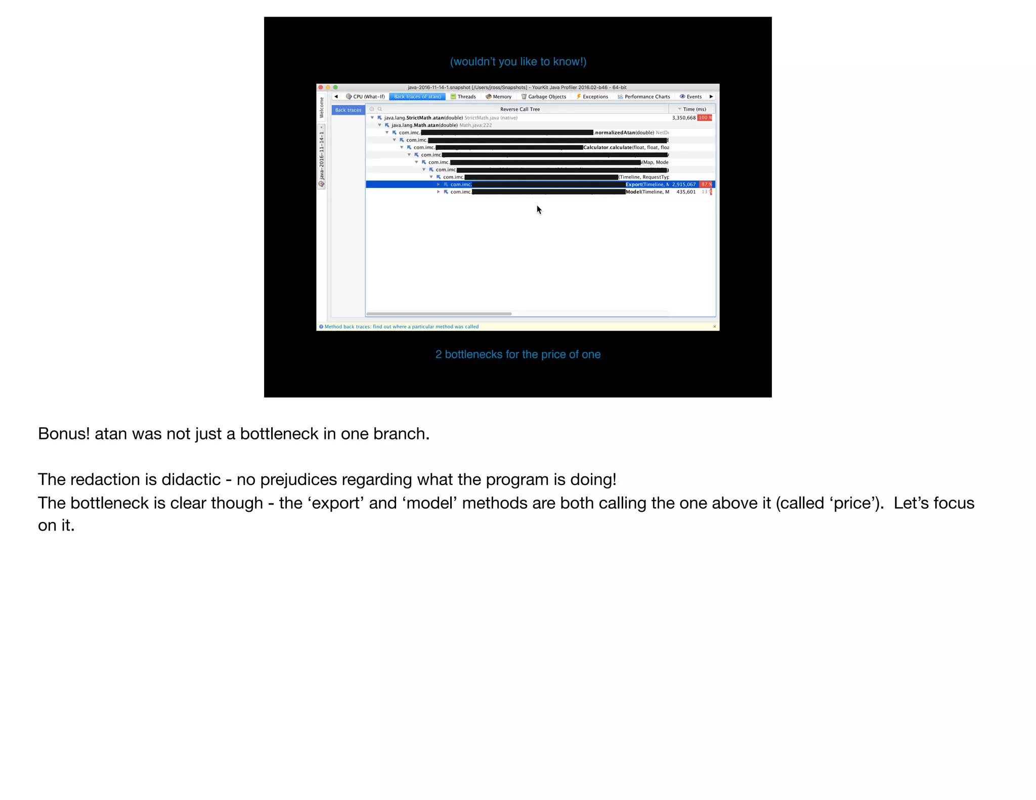 (wouldn’t you like to know!)
2 bottlenecks for the price of one
Bonus! atan was not just a bottleneck in one branch.

The redaction is didactic - no prejudices regarding what the program is doing!

The bottleneck is clear though - the ‘export’ and ‘model’ methods are both calling the one above it (called ‘price’). Let’s focus
on it.
 