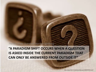 The Art of the Question, Marilee Goldberg
“A PARADIGM SHIFT OCCURS WHEN A QUESTION
IS ASKED INSIDE THE CURRENT PARADIGM TH...
