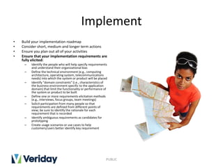 Implement
• Build your implementation roadmap
• Consider short, medium and longer term actions
• Ensure you plan out all of your activities
• Ensure that your implementation requirements are
fully elicited:
– Identify the people who will help specify requirements
and understand their organizational bias
– Define the technical environment (e.g., computing
architecture, operating system, telecommunications
needs) into which the system or product will be placed
– Identify "domain constraints" (i.e., characteristics of
the business environment specific to the application
domain) that limit the functionality or performance of
the system or product to be built
– Define one or more requirements elicitation methods
(e.g., interviews, focus groups, team meetings)
– Solicit participation from many people so that
requirements are defined from different points of
view; be sure to identify the rationale for each
requirement that is recorded
– Identify ambiguous requirements as candidates for
prototyping
– Create usage scenarios or use cases to help
customers/users better identify key requirement
PUBLIC
 