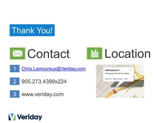 Thank You!
Contact Location
1 Chris.Lamoureux@Veriday.com
2
3
905.273.4399x224
www.veriday.com
 