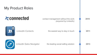My Product Roles
2010
2011
2013
contact management without the work
(acquired by LinkedIn)
the easiest way to stay in touc...