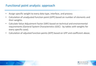 27
Functional point analysis: approach
• Assign specific weight to every data type, interface, and process
• Calculation o...