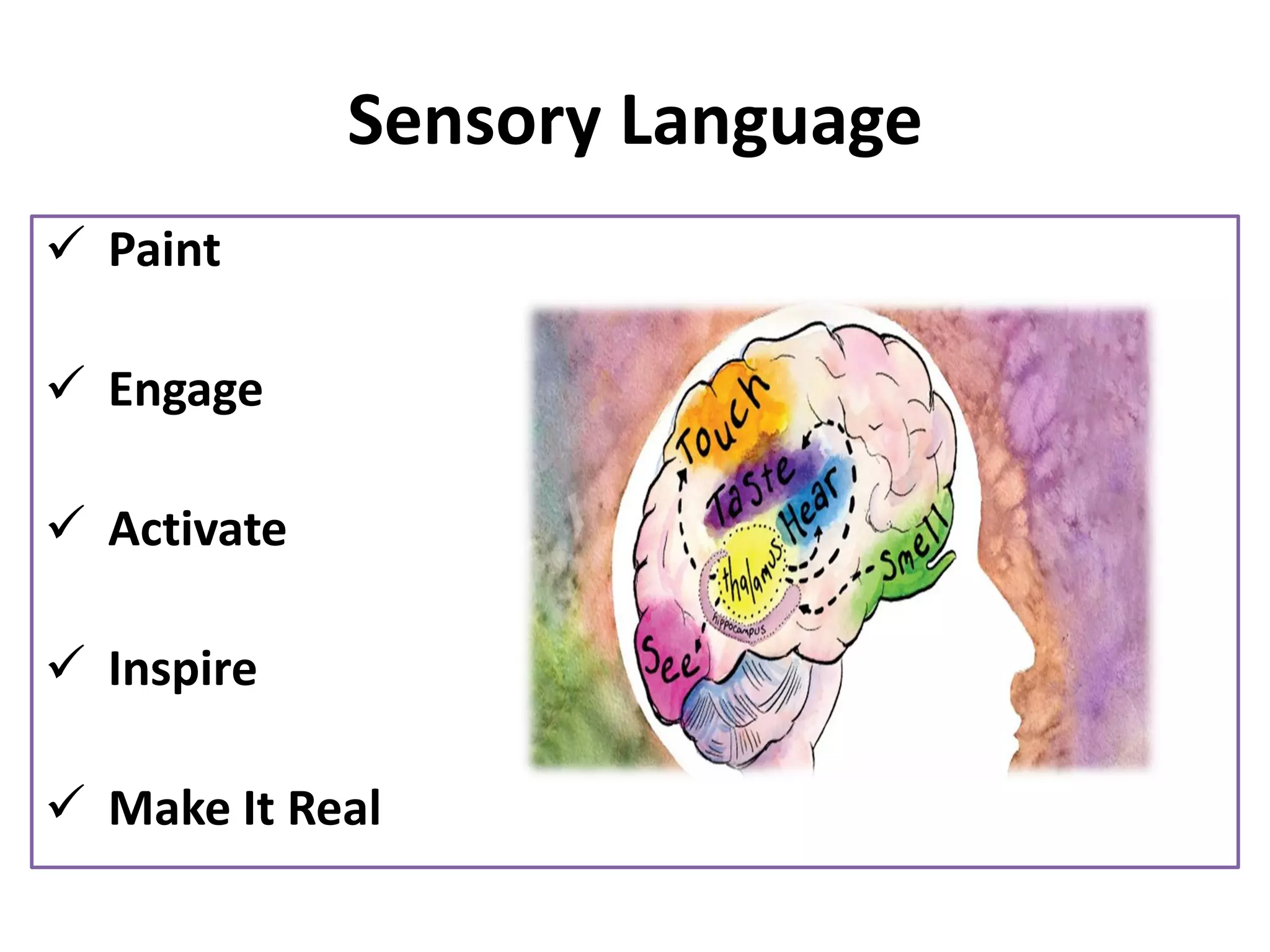 Sensory Language
✓ Paint
✓ Engage
✓ Activate
✓ Inspire
✓ Make It Real
 