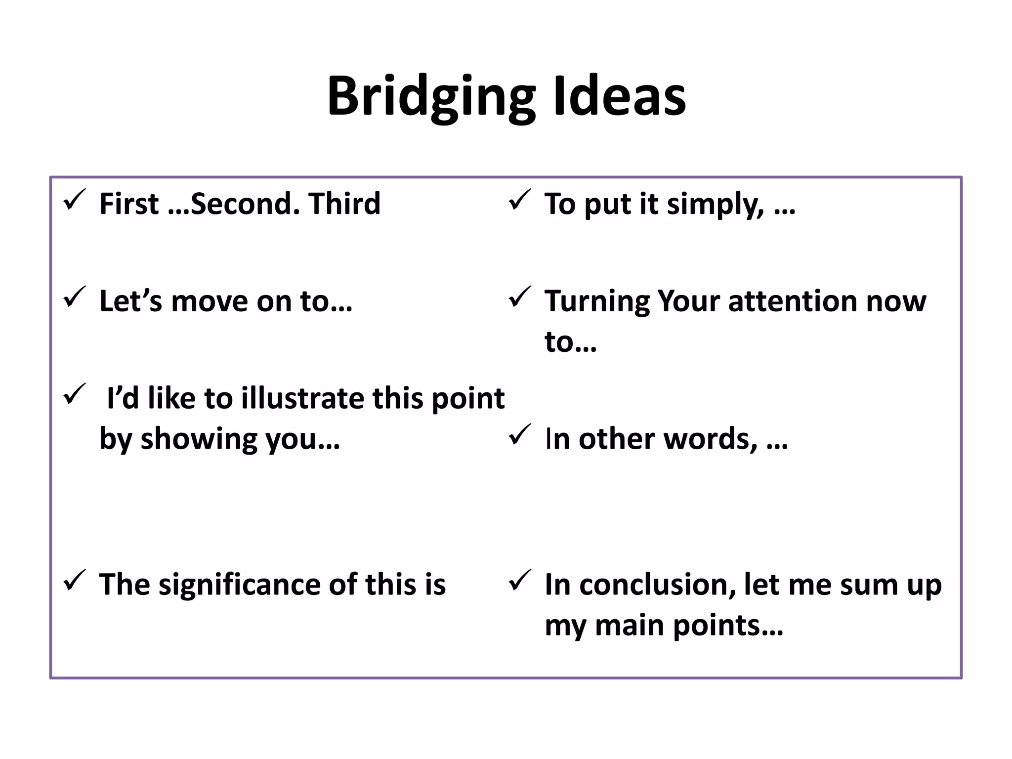 Bridging Ideas
✓ First …Second. Third
✓ Let’s move on to…
✓ I’d like to illustrate this point
by showing you…
✓ The significance of this is
✓ To put it simply, …
✓ Turning Your attention now
to…
✓ In other words, …
✓ In conclusion, let me sum up
my main points…
 