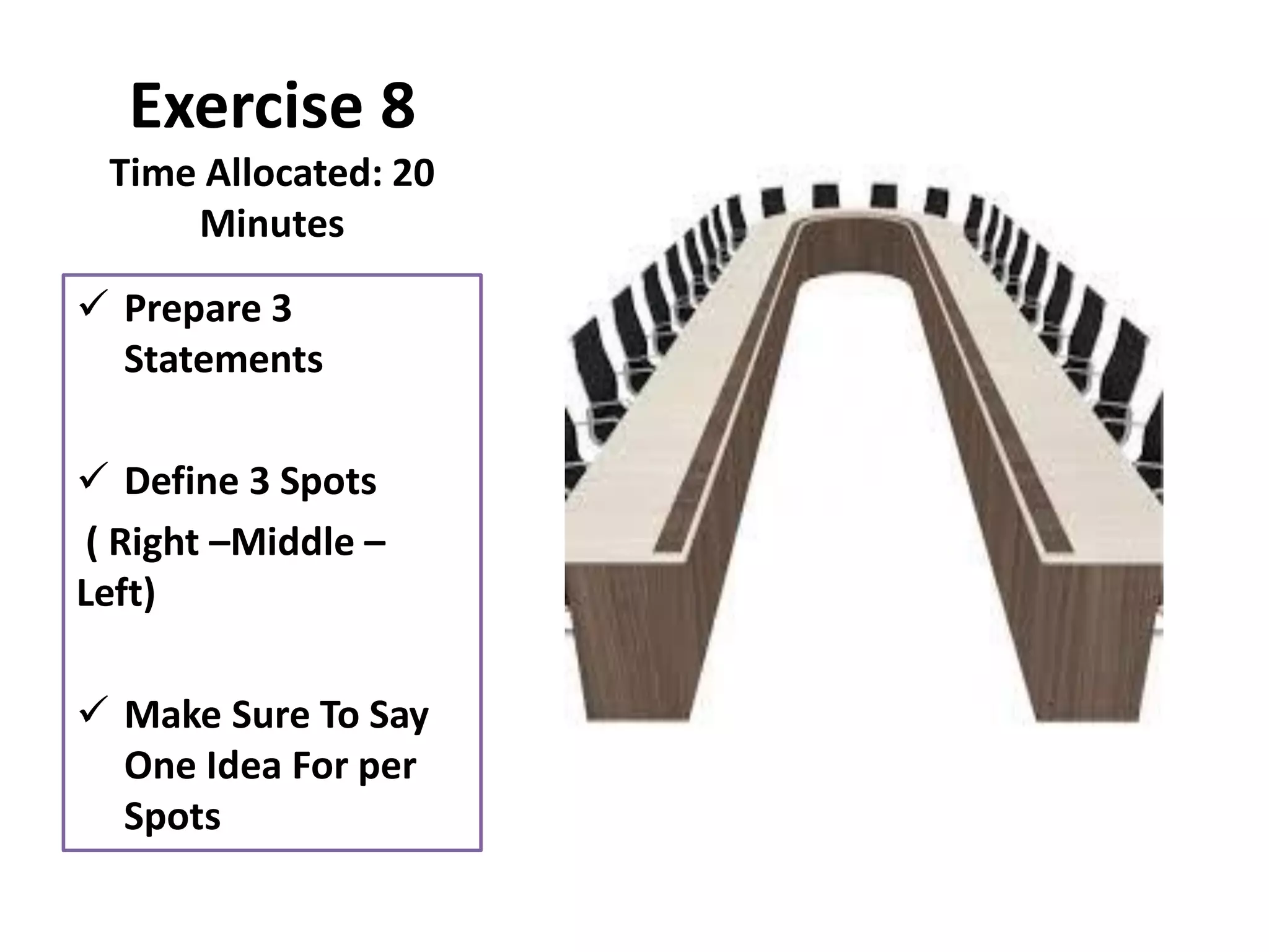 Exercise 8
Time Allocated: 20
Minutes
✓ Prepare 3
Statements
✓ Define 3 Spots
( Right –Middle –
Left)
✓ Make Sure To Say
One Idea For per
Spots
 