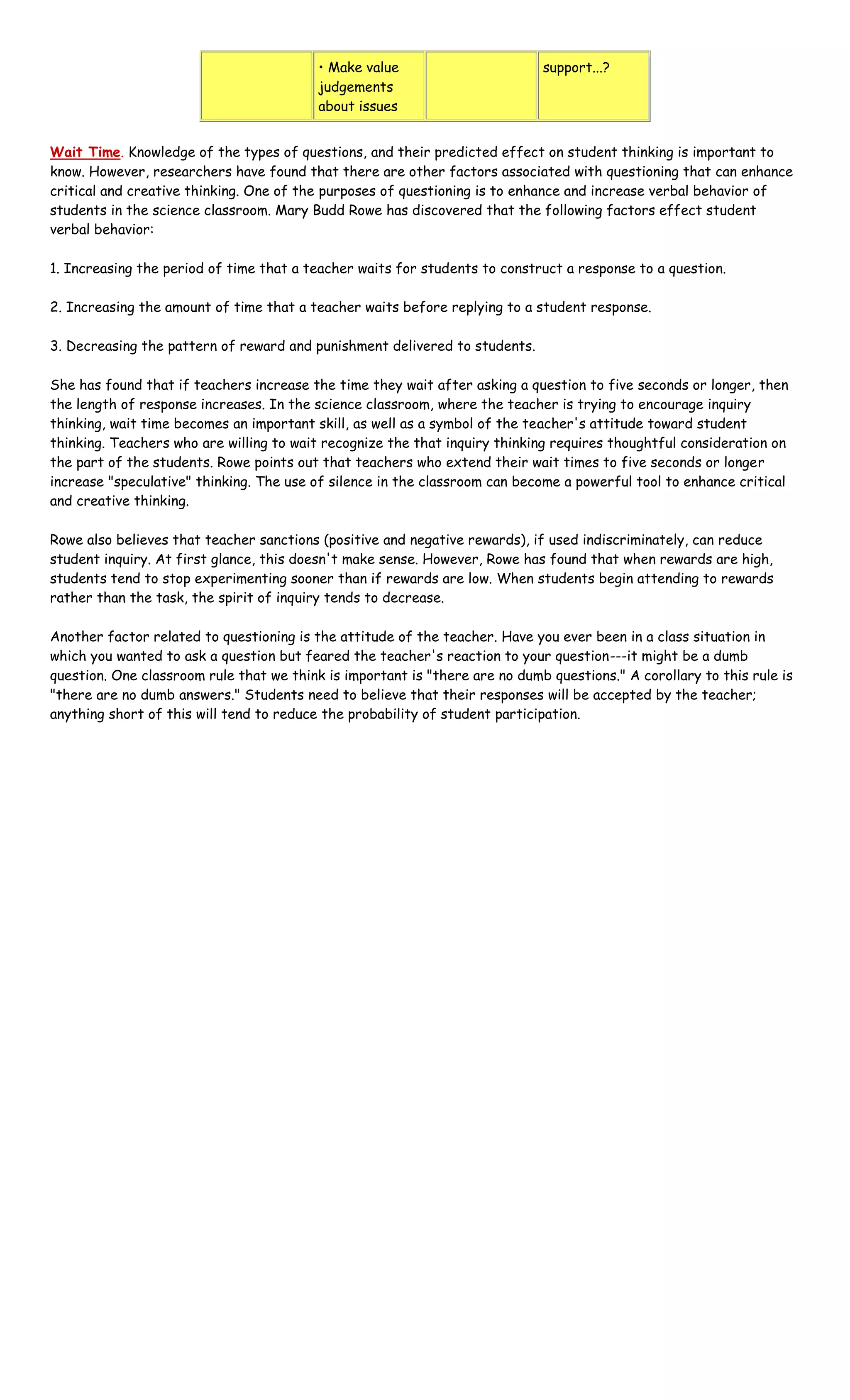 • Make value
judgements
about issues
support...?
Wait Time. Knowledge of the types of questions, and their predicted effect on student thinking is important to
know. However, researchers have found that there are other factors associated with questioning that can enhance
critical and creative thinking. One of the purposes of questioning is to enhance and increase verbal behavior of
students in the science classroom. Mary Budd Rowe has discovered that the following factors effect student
verbal behavior:
1. Increasing the period of time that a teacher waits for students to construct a response to a question.
2. Increasing the amount of time that a teacher waits before replying to a student response.
3. Decreasing the pattern of reward and punishment delivered to students.
She has found that if teachers increase the time they wait after asking a question to five seconds or longer, then
the length of response increases. In the science classroom, where the teacher is trying to encourage inquiry
thinking, wait time becomes an important skill, as well as a symbol of the teacher's attitude toward student
thinking. Teachers who are willing to wait recognize the that inquiry thinking requires thoughtful consideration on
the part of the students. Rowe points out that teachers who extend their wait times to five seconds or longer
increase "speculative" thinking. The use of silence in the classroom can become a powerful tool to enhance critical
and creative thinking.
Rowe also believes that teacher sanctions (positive and negative rewards), if used indiscriminately, can reduce
student inquiry. At first glance, this doesn't make sense. However, Rowe has found that when rewards are high,
students tend to stop experimenting sooner than if rewards are low. When students begin attending to rewards
rather than the task, the spirit of inquiry tends to decrease.
Another factor related to questioning is the attitude of the teacher. Have you ever been in a class situation in
which you wanted to ask a question but feared the teacher's reaction to your question---it might be a dumb
question. One classroom rule that we think is important is "there are no dumb questions." A corollary to this rule is
"there are no dumb answers." Students need to believe that their responses will be accepted by the teacher;
anything short of this will tend to reduce the probability of student participation.
 